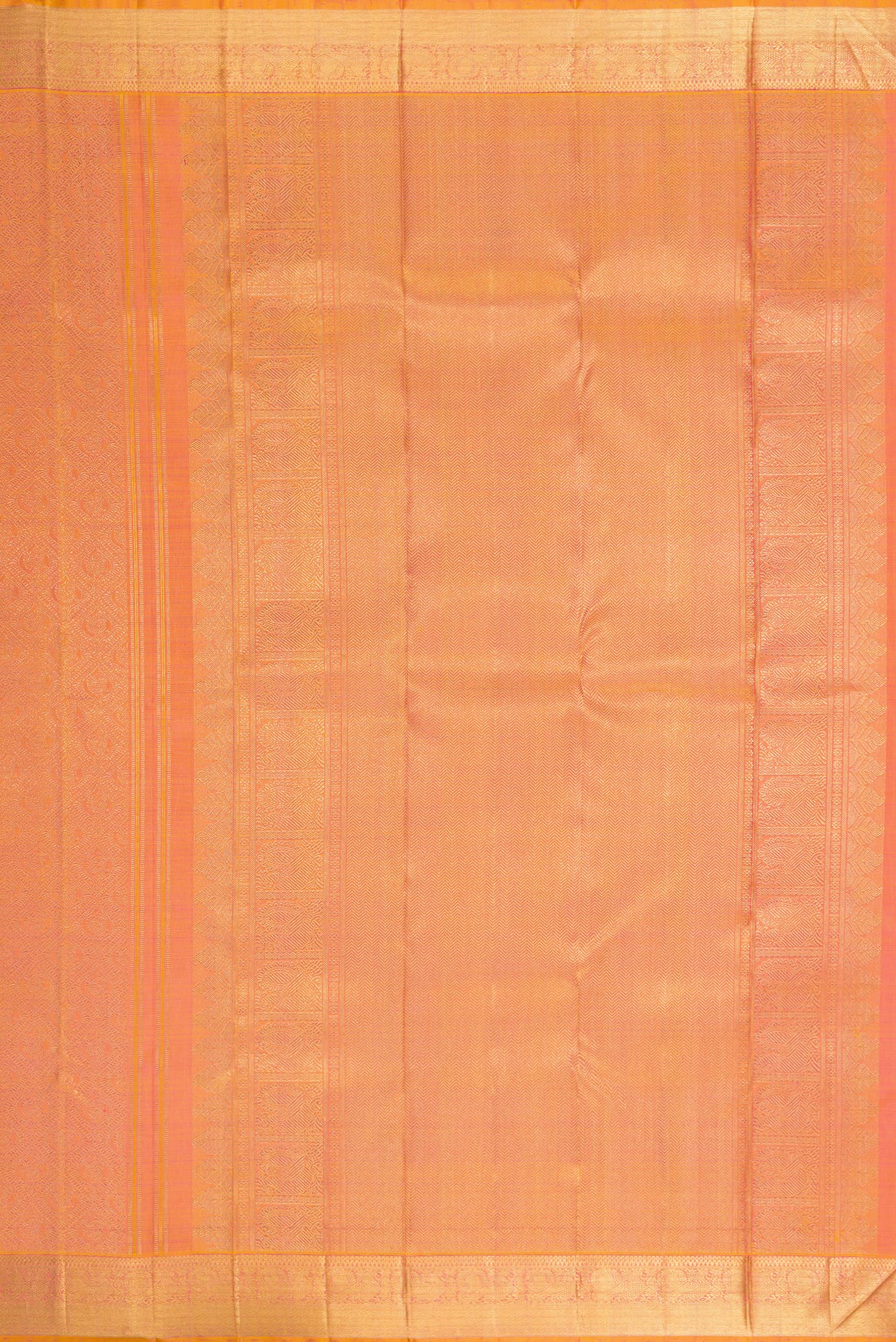 Close up image of the pallu of Pink Dual Tone Kanjivaram Silk Saree with Zari Brocade on the body and Zari Border. 