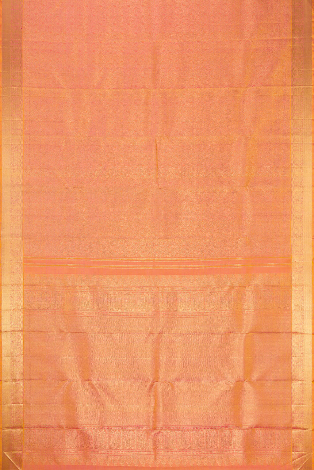 Flat view of Pink Dual Tone Kanjivaram Silk Saree with Zari Brocade on the body and Zari Border. 