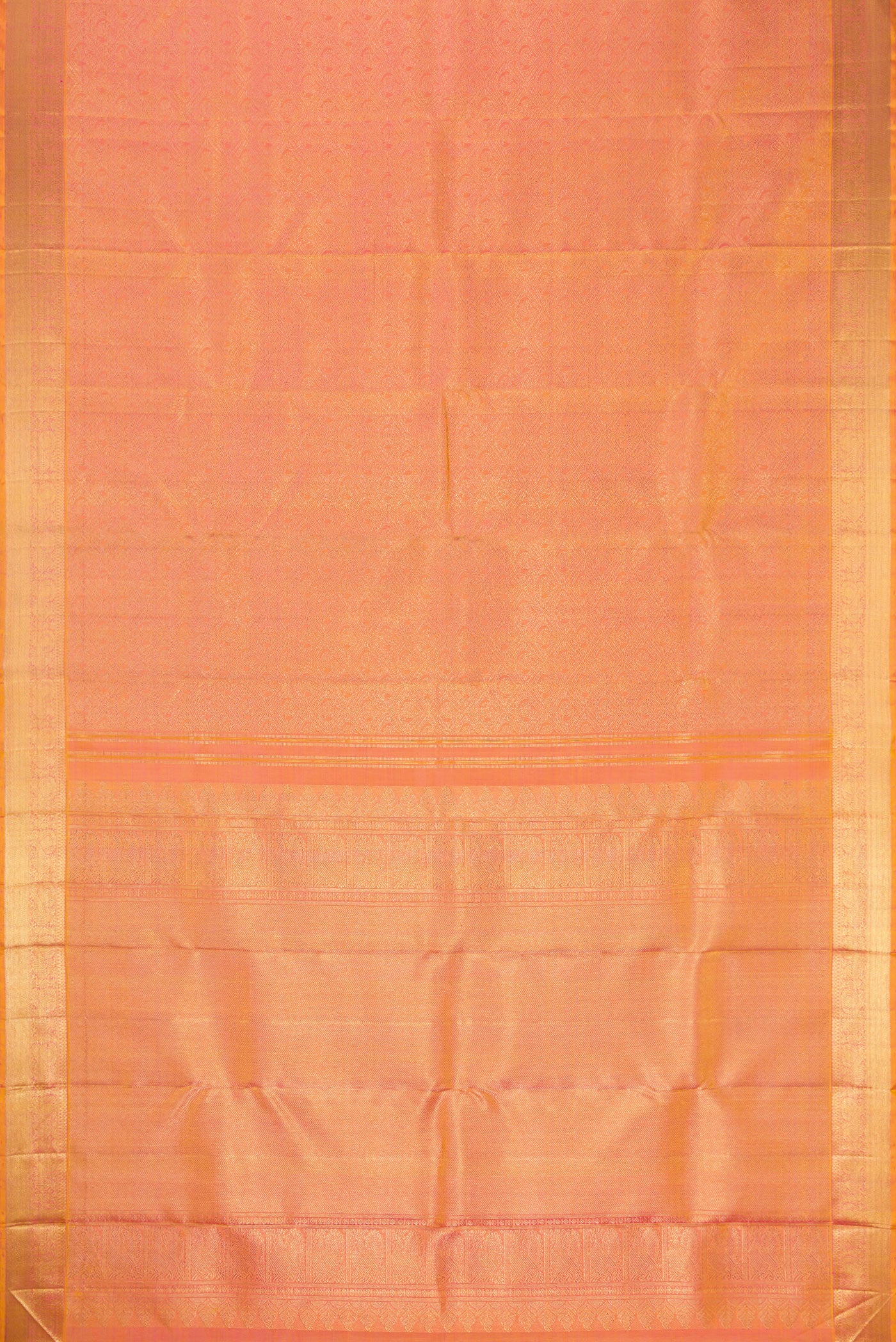 Flat view of Pink Dual Tone Kanjivaram Silk Saree with Zari Brocade on the body and Zari Border. 