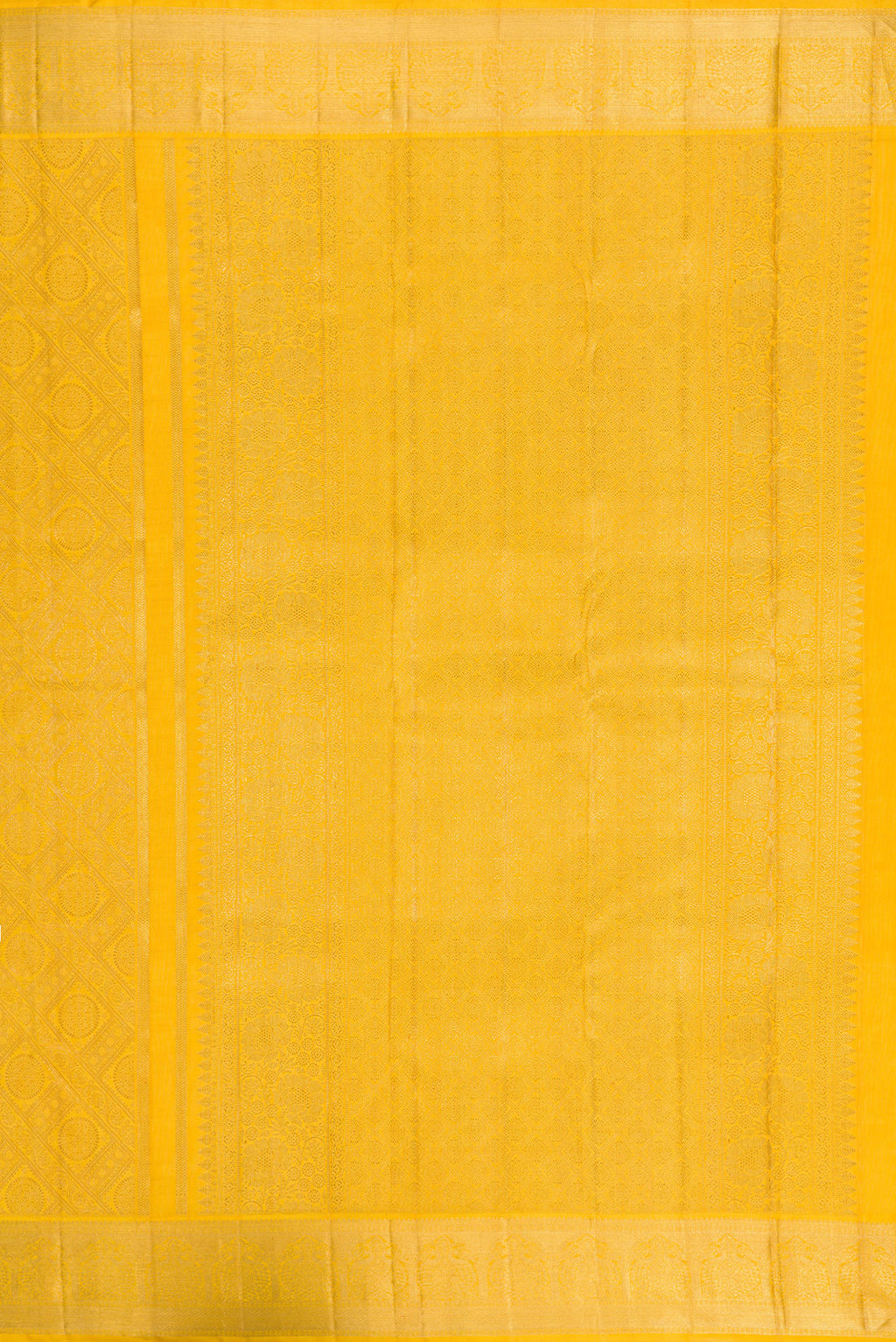 Close up image of the pallu of Yellow Dual Tone Kanjivaram Silk Saree with Zari Brocade on the body and Zari Border. 