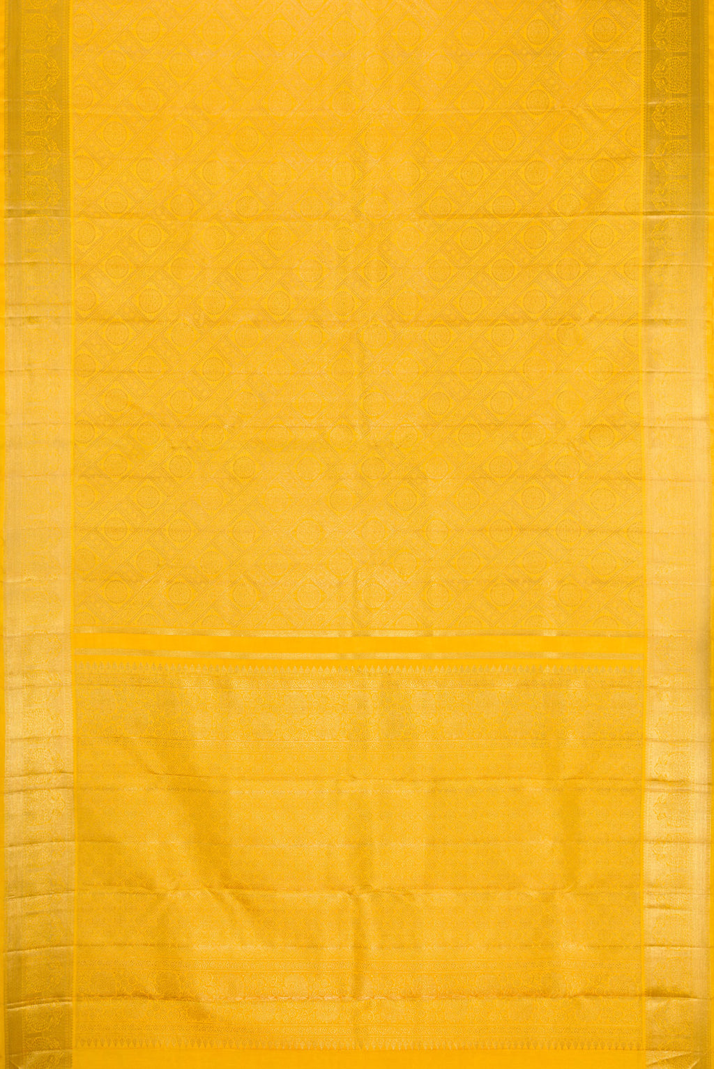 Flat view of Yellow Dual Tone Kanjivaram Silk Saree with Zari Brocade on the body and Zari Border. 