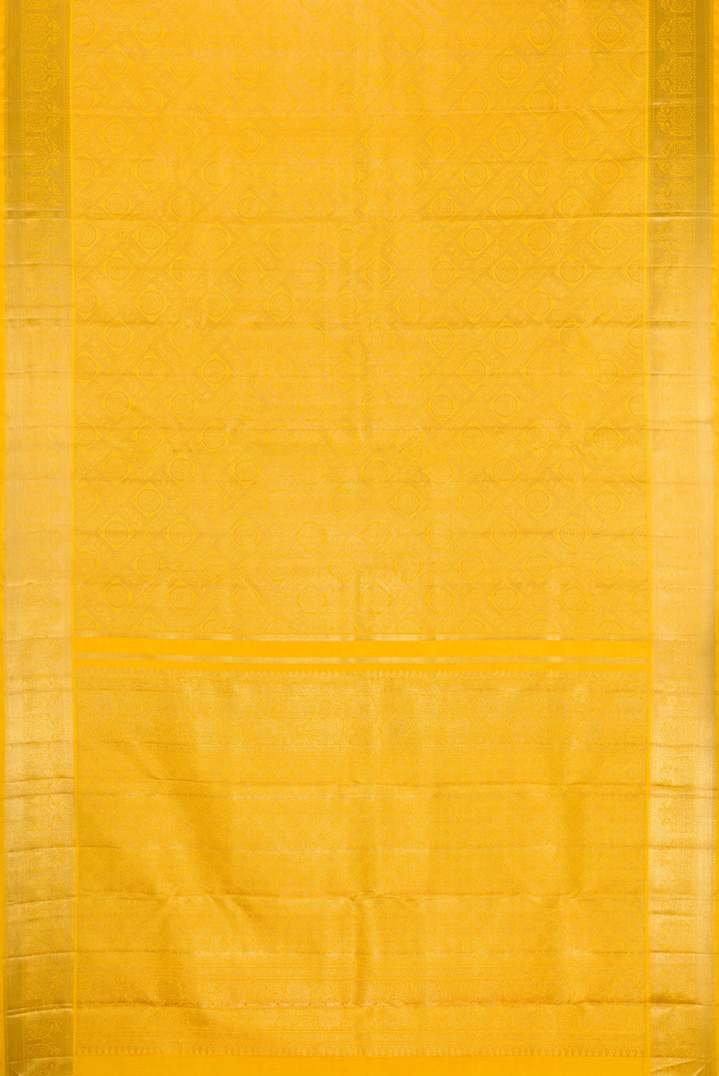 Flat view of Yellow Dual Tone Kanjivaram Silk Saree with Zari Brocade on the body and Zari Border. 