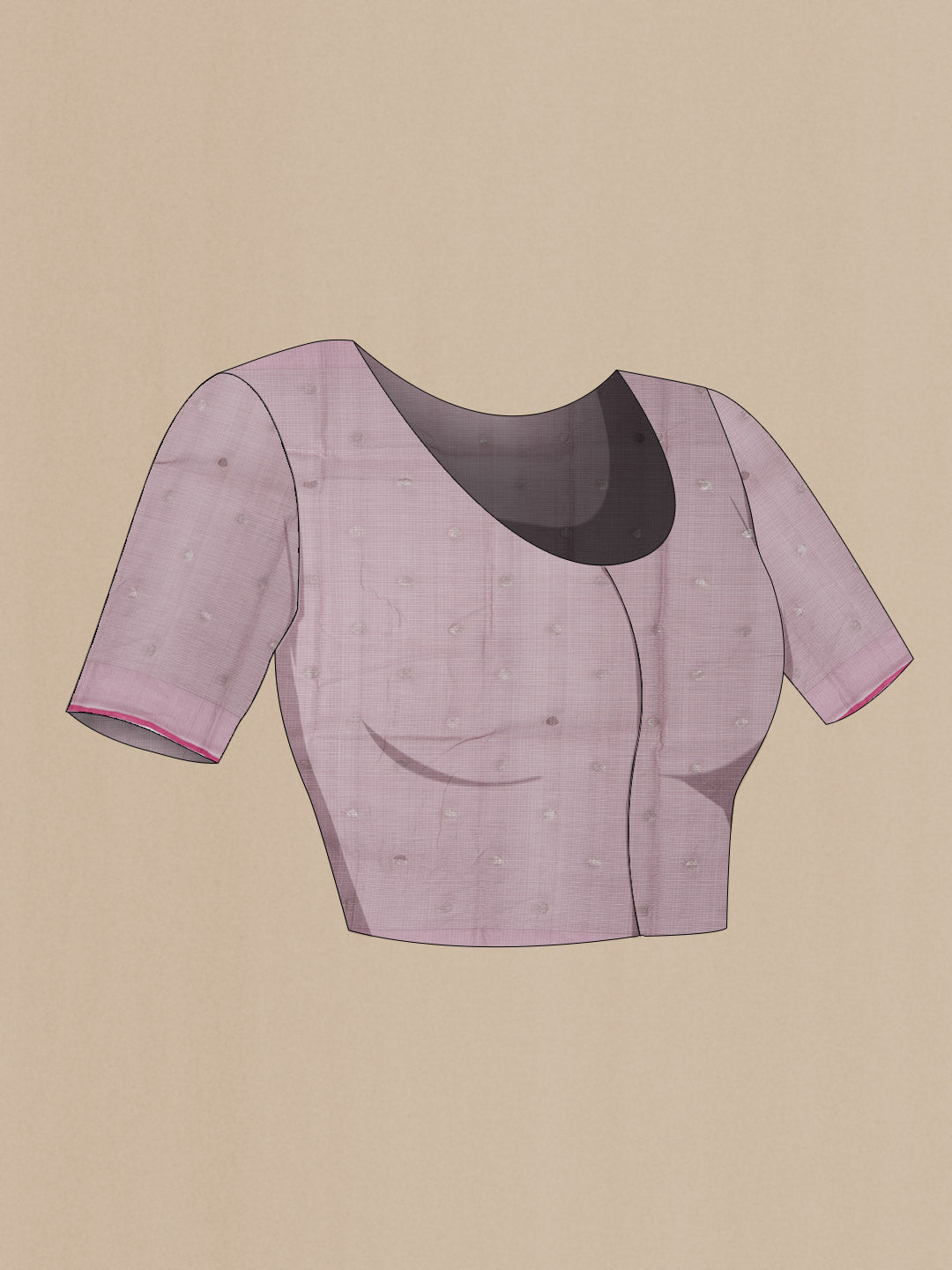 Close up image of the blouse of Mauve Kota Silk Saree with Zari Butta on the body and Plain Border