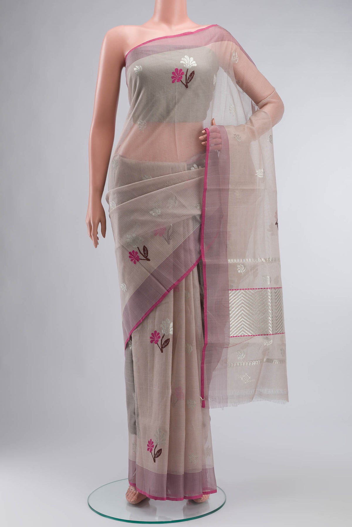 Mauve Kota Silk Saree with Zari Butta on the body and Plain Border displayed on a mannequin