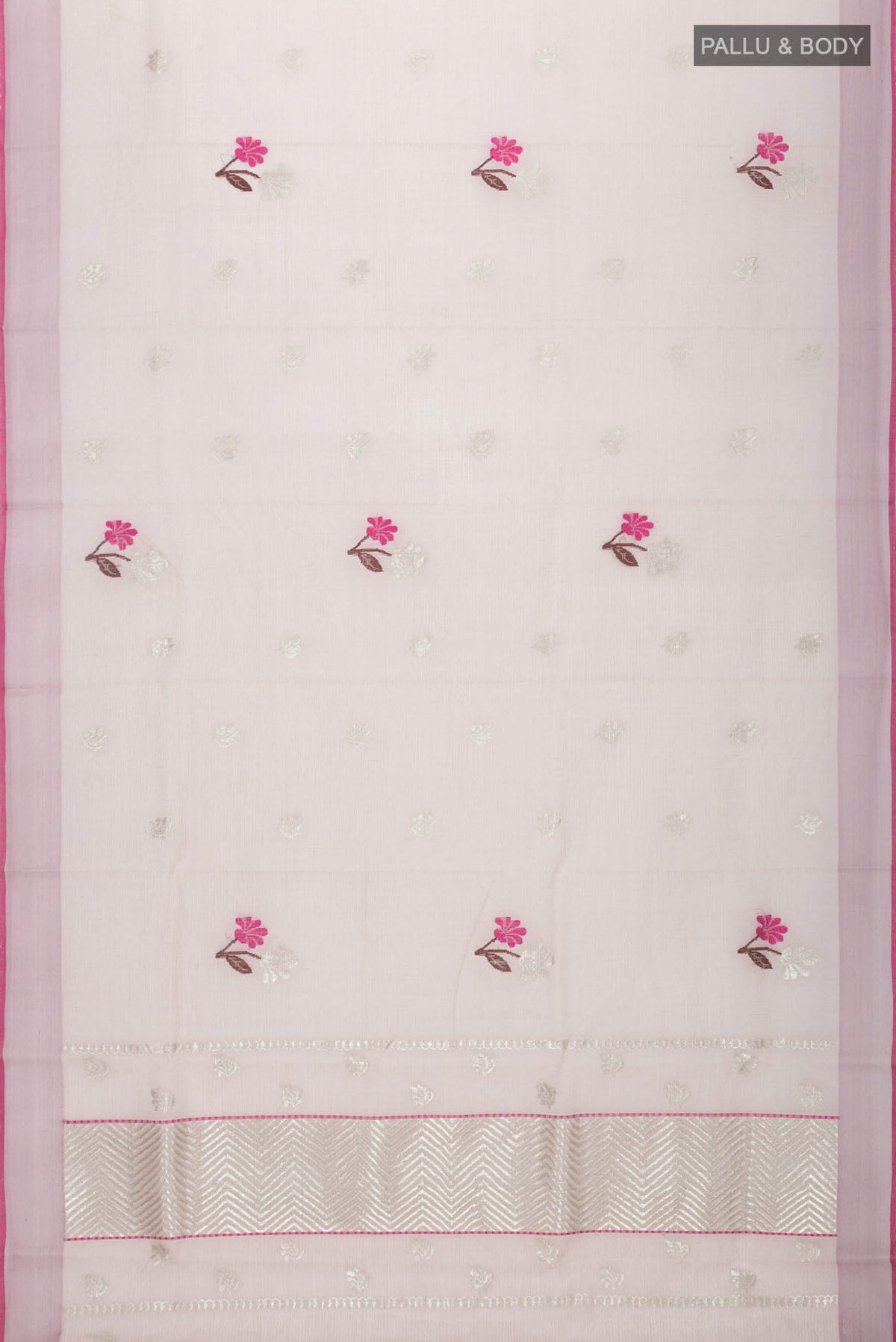 Flat view of Mauve Kota Silk Saree with Zari Butta on the body and Plain Border