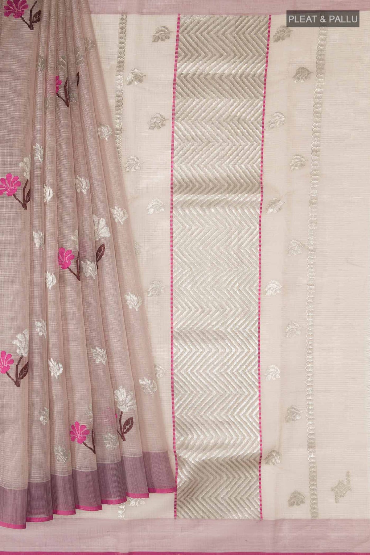 Pleats and pallu of Mauve Kota Silk Saree with Zari Butta on the body and Plain Border