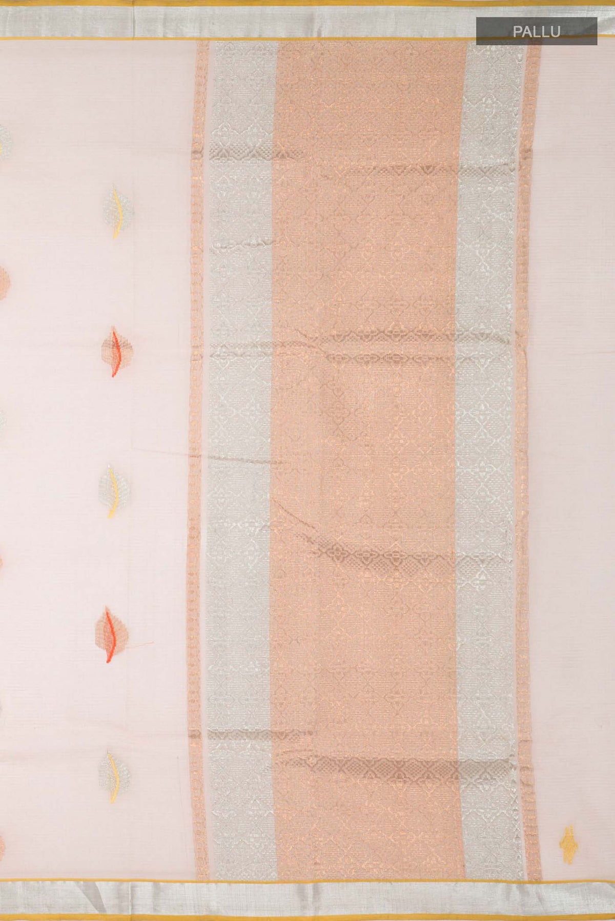 Close up image of the pallu of Beige Kota Silk Saree with Zari And Thread Butta on the body and Zari Border