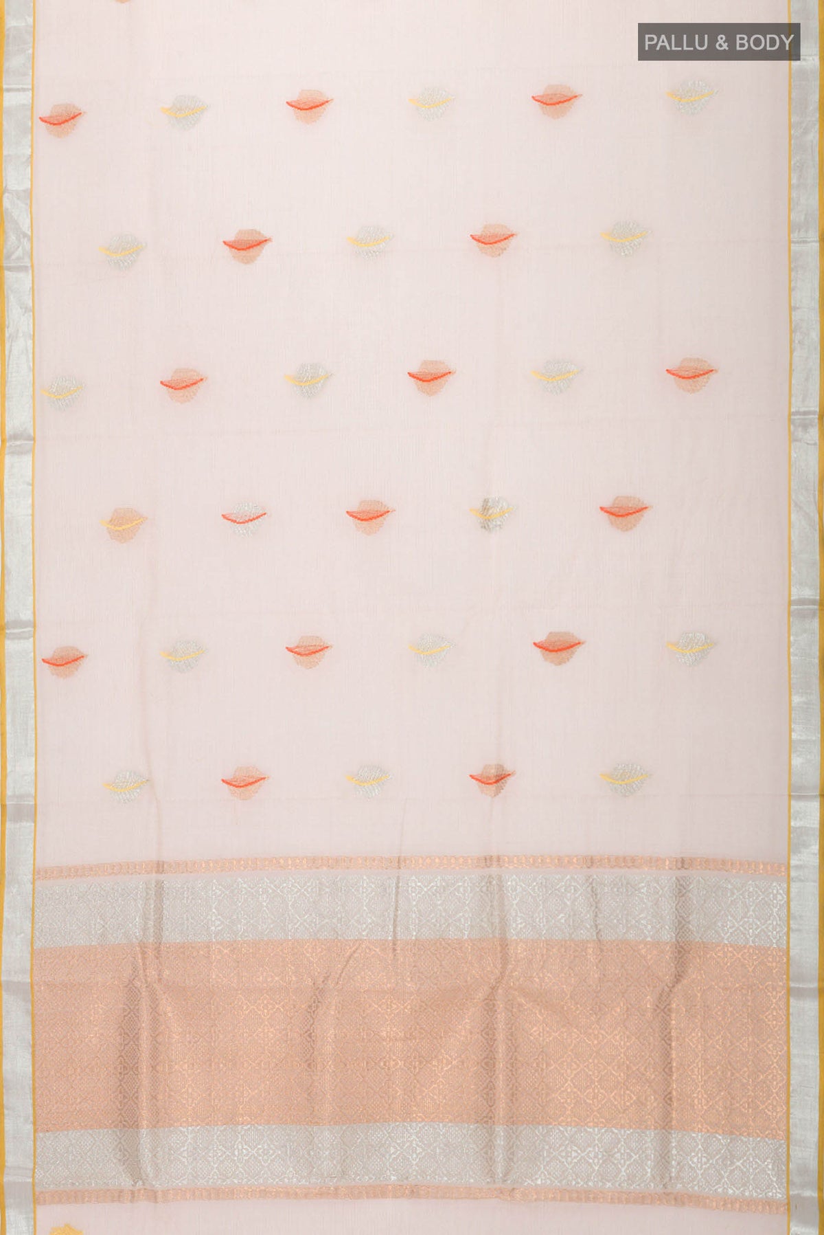 Flat view of Beige Kota Silk Saree with Zari And Thread Butta on the body and Zari Border