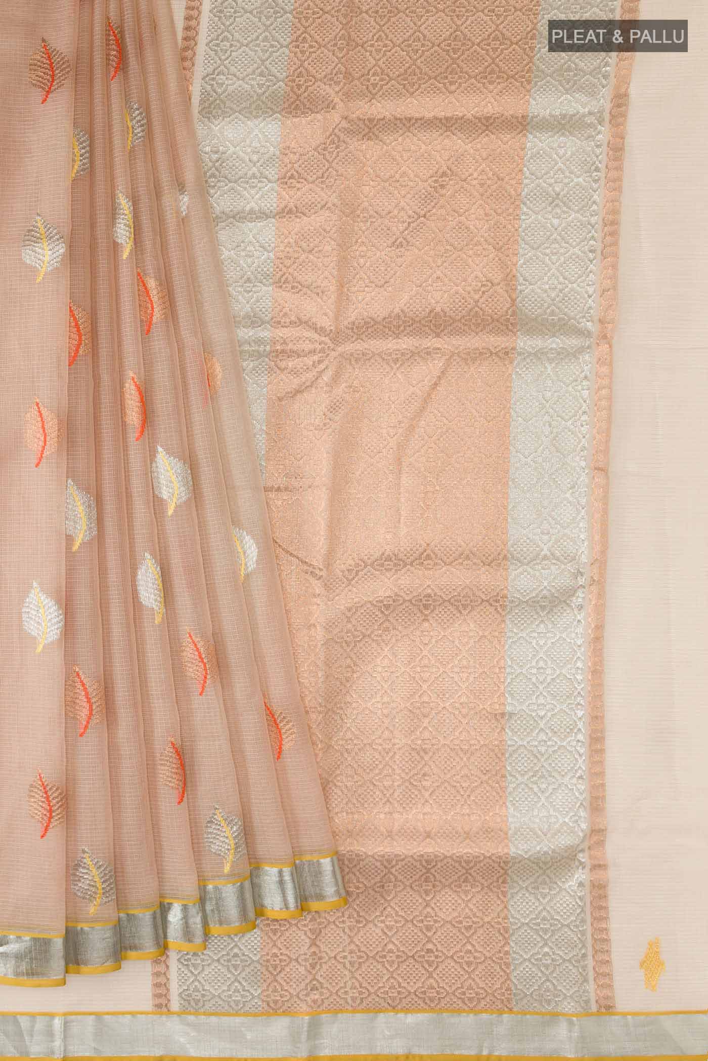 Pleats and pallu of Beige Kota Silk Saree with Zari And Thread Butta on the body and Zari Border