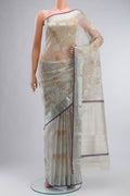 Grey Kota Silk Saree with Stripes on the body and Zari Border displayed on a mannequin
