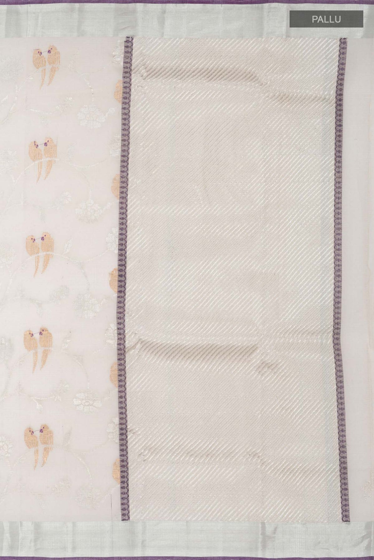 Close up image of the pallu of Grey Kota Silk Saree with Stripes on the body and Zari Border