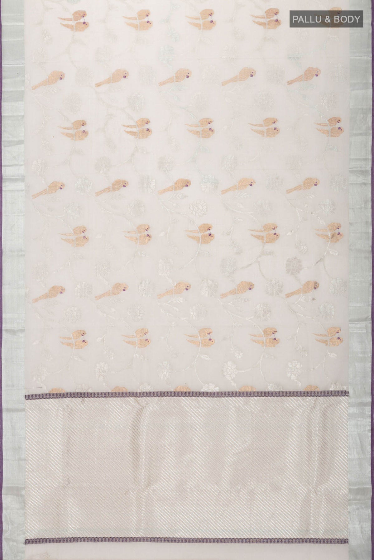 Flat view of Grey Kota Silk Saree with Stripes on the body and Zari Border