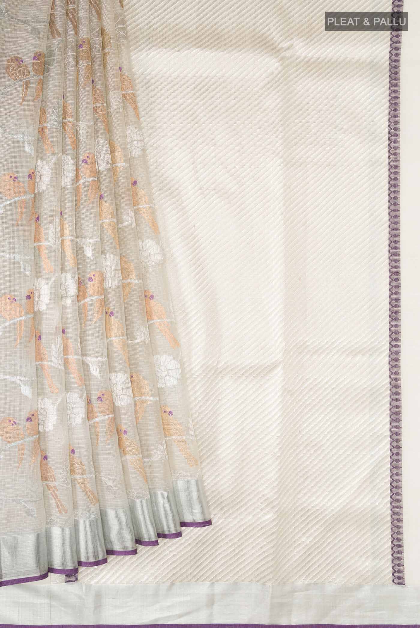Pleats and pallu of Grey Kota Silk Saree with Stripes on the body and Zari Border