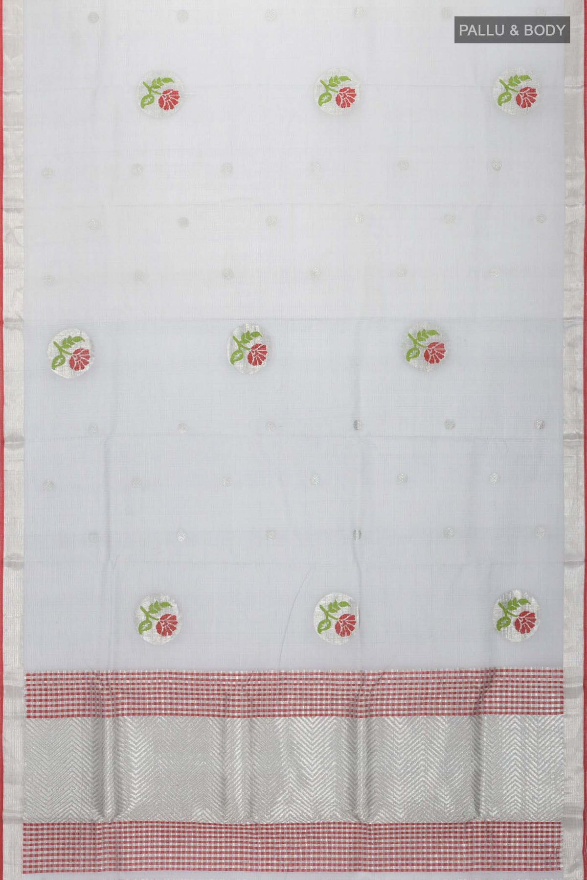Flat view of Grey Kota Silk Saree with Zari And Thread Butta on the body and Zari Border