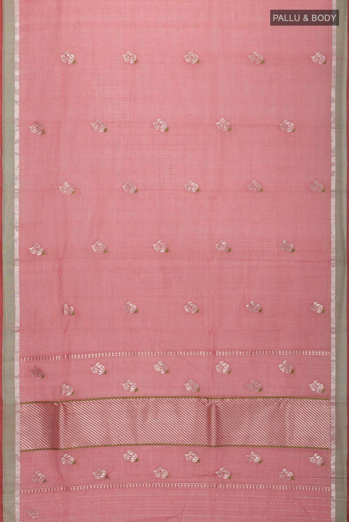 Flat view of Maroon Kota Silk Saree with Zari And Thread Butta on the body and Zari Border