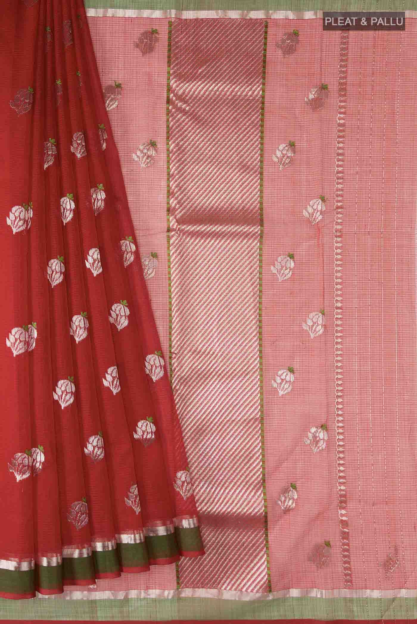 Pleats and pallu of Maroon Kota Silk Saree with Zari And Thread Butta on the body and Zari Border