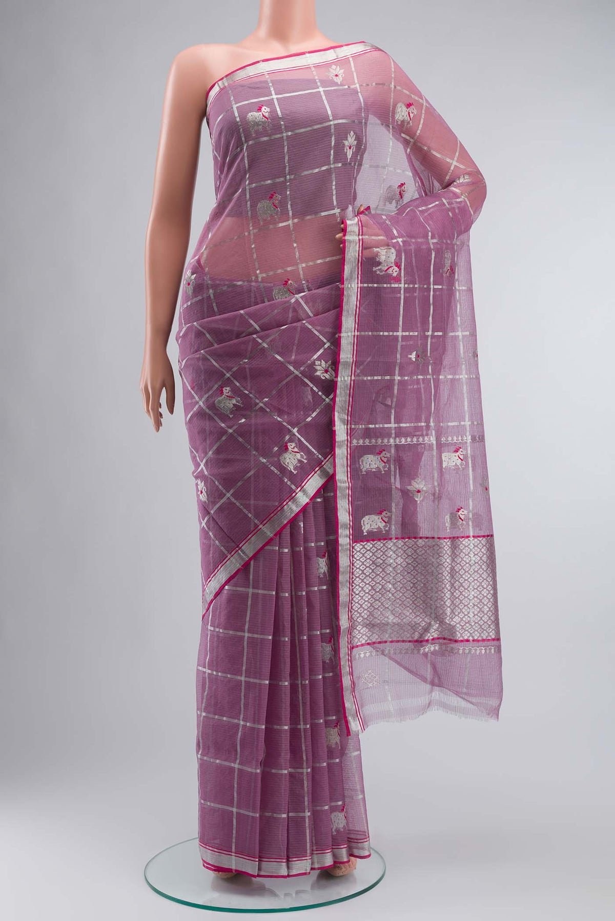 Lavender Kota Silk Saree with Zari And Thread Butta on the body and Zari Border displayed on a mannequin