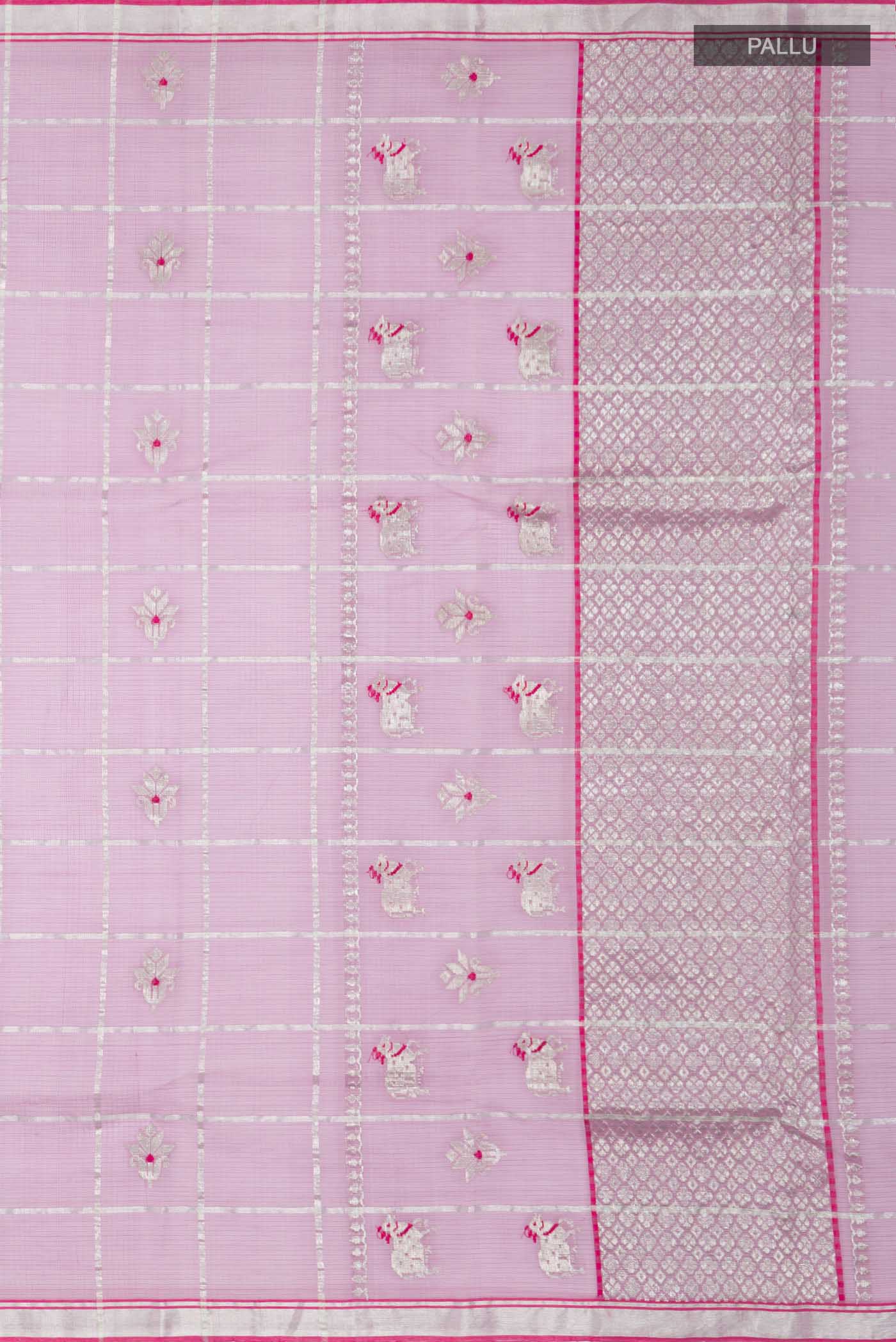 Close up image of the pallu of Lavender Kota Silk Saree with Zari And Thread Butta on the body and Zari Border