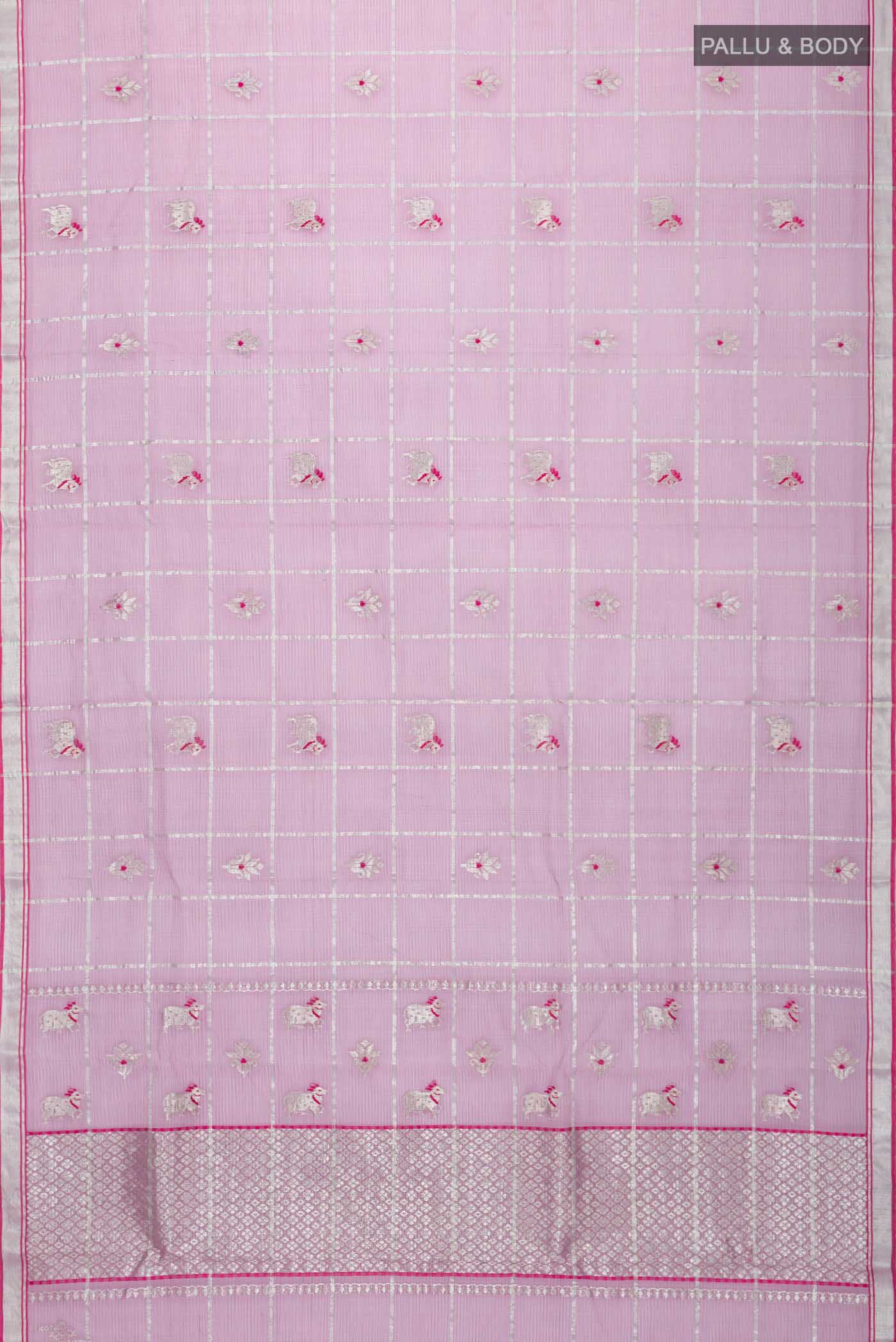 Flat view of Lavender Kota Silk Saree with Zari And Thread Butta on the body and Zari Border