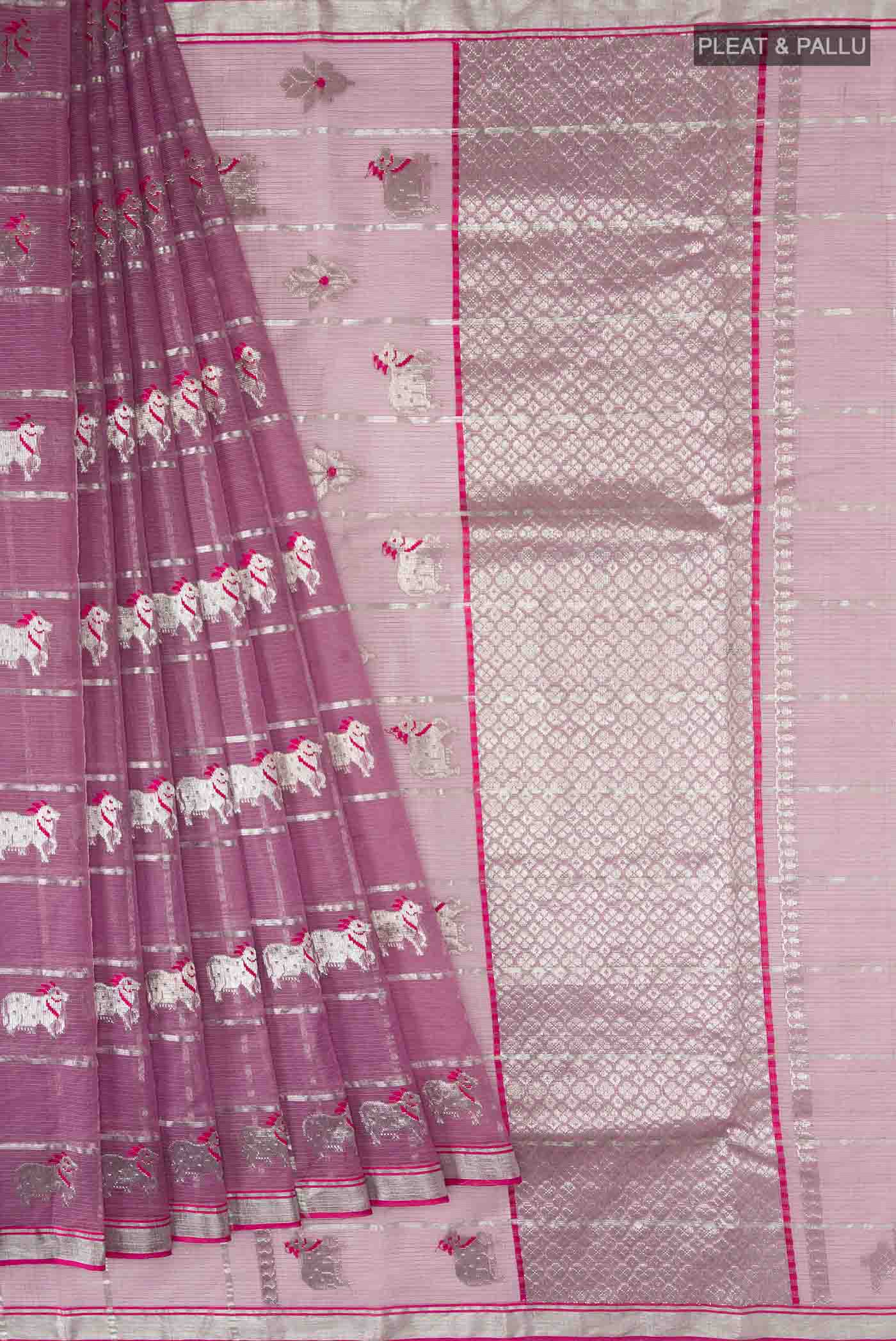 Pleats and pallu of Lavender Kota Silk Saree with Zari And Thread Butta on the body and Zari Border