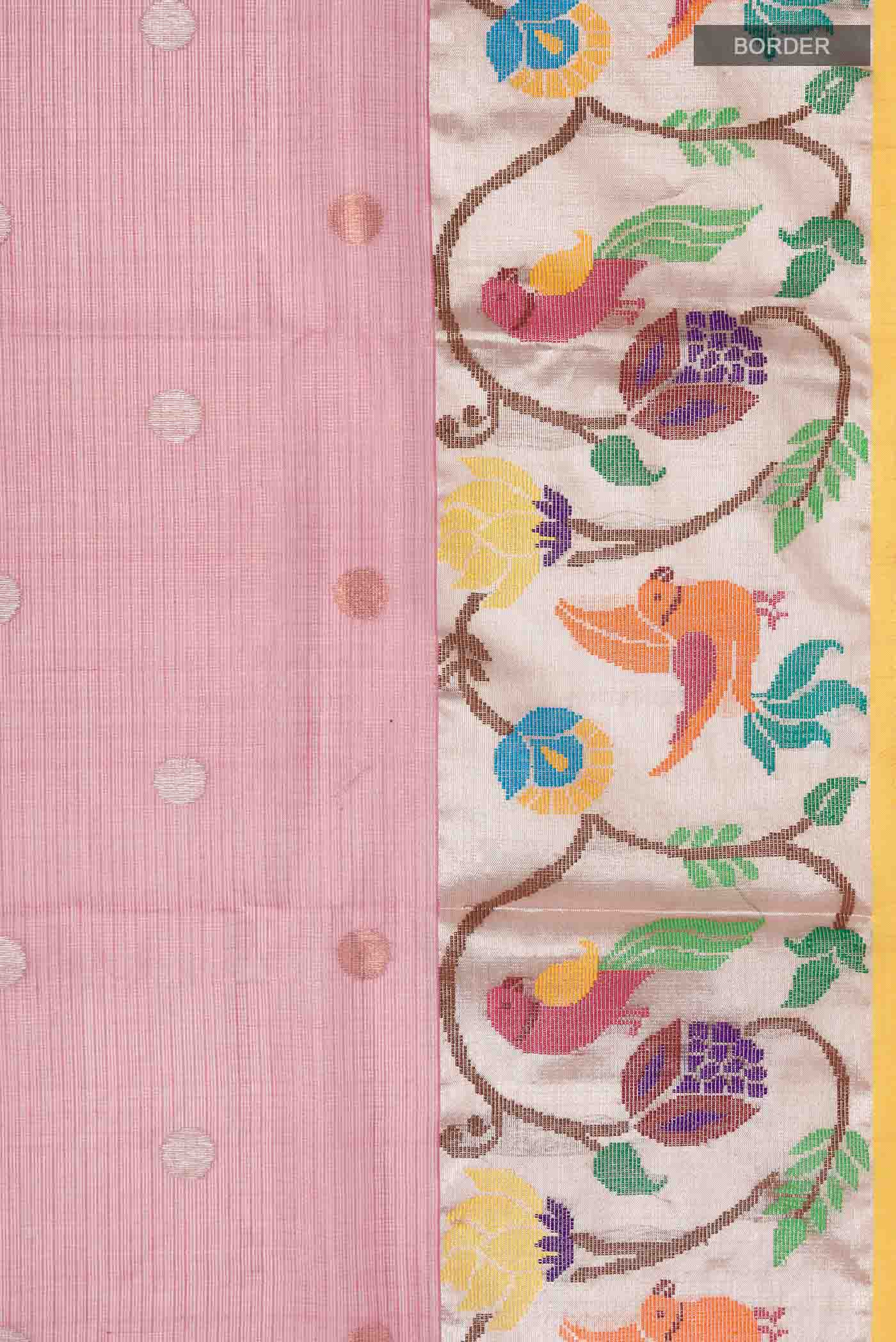 Border image of Pink Kota Silk Saree with Zari Butta on the body and Zari And Thread Border