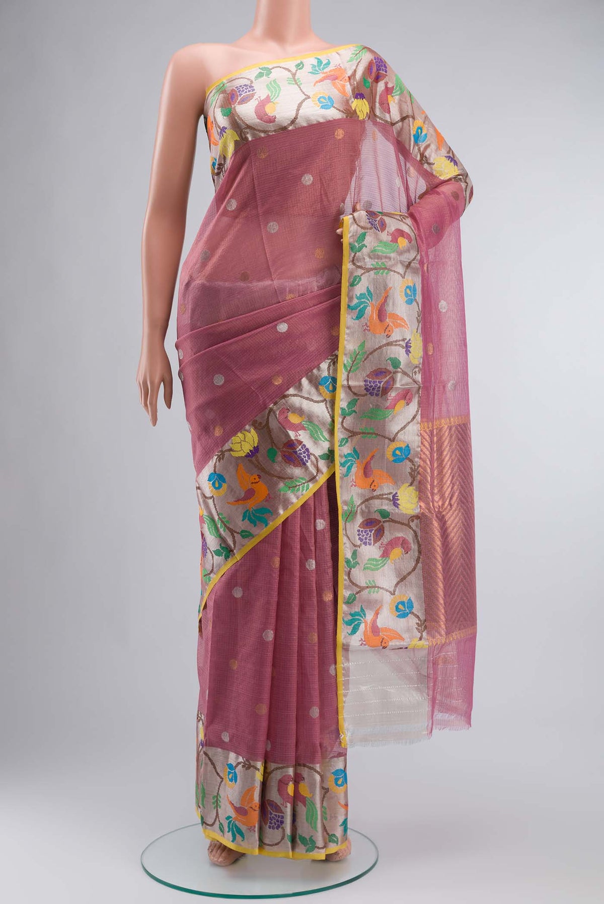 Pink Kota Silk Saree with Zari Butta on the body and Zari And Thread Border displayed on a mannequin