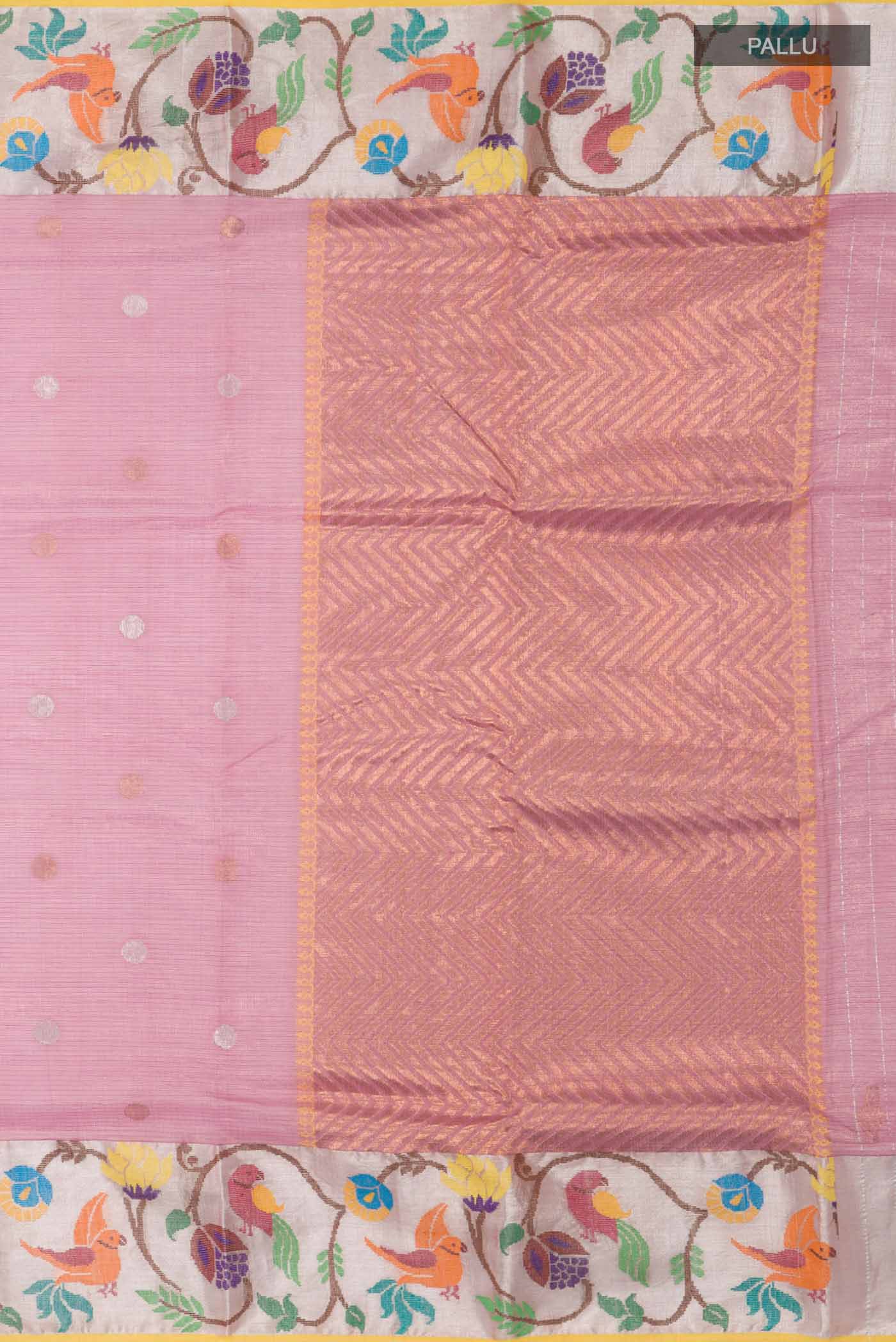 Close up image of the pallu of Pink Kota Silk Saree with Zari Butta on the body and Zari And Thread Border