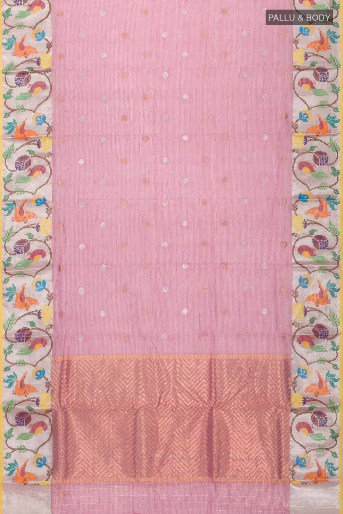 Flat view of Pink Kota Silk Saree with Zari Butta on the body and Zari And Thread Border