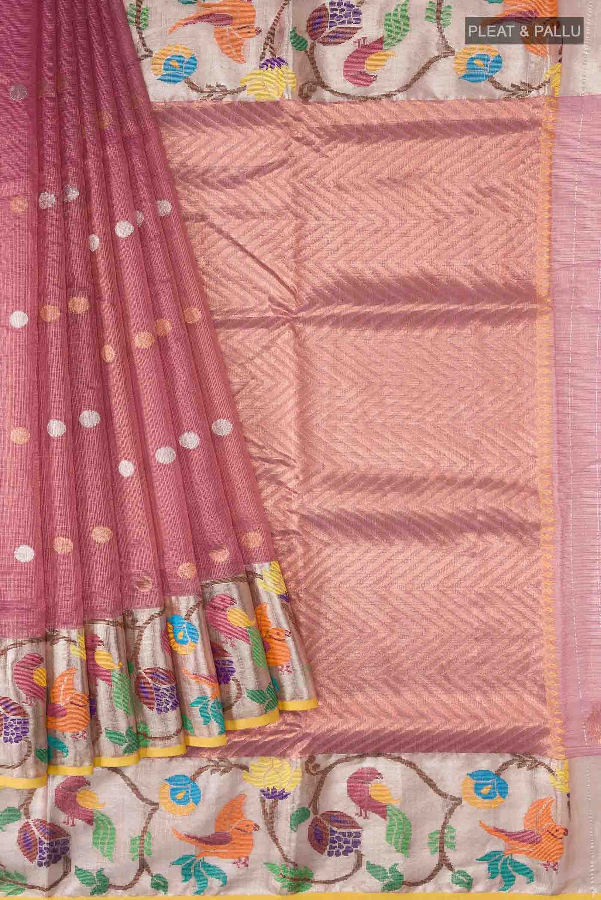Pleats and pallu of Pink Kota Silk Saree with Zari Butta on the body and Zari And Thread Border