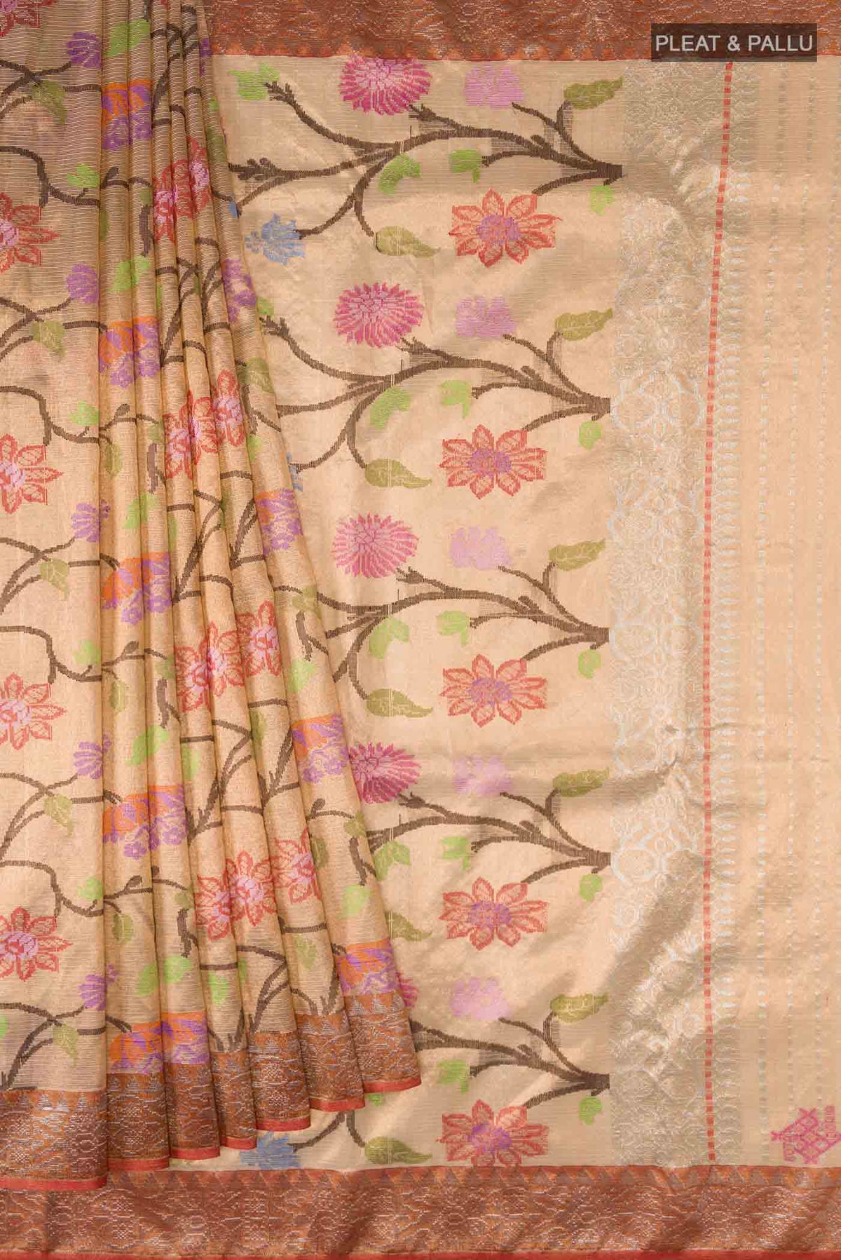 Pleats and pallu of Peach Kota Silk Saree with Jacquard With Zari Butta on the body and Zari Border