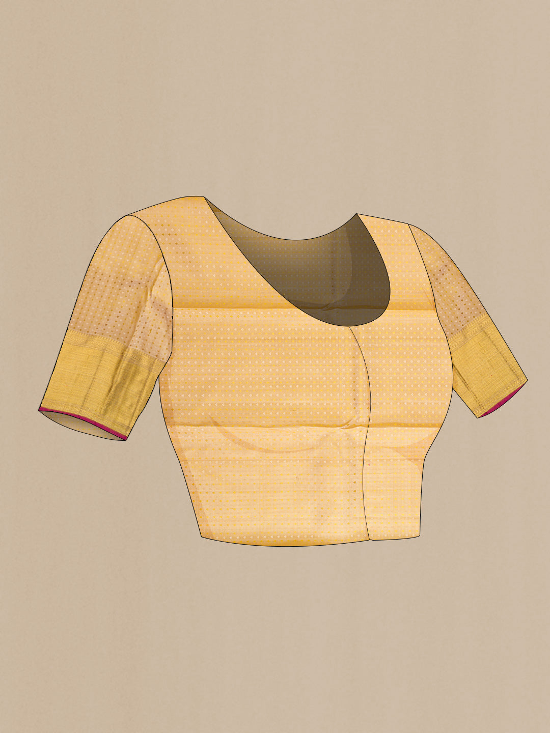 Close up image of the blouse of Beige Dual Tone Kanchipuram Silk Saree with Zari Brocade on the body and Zari Border