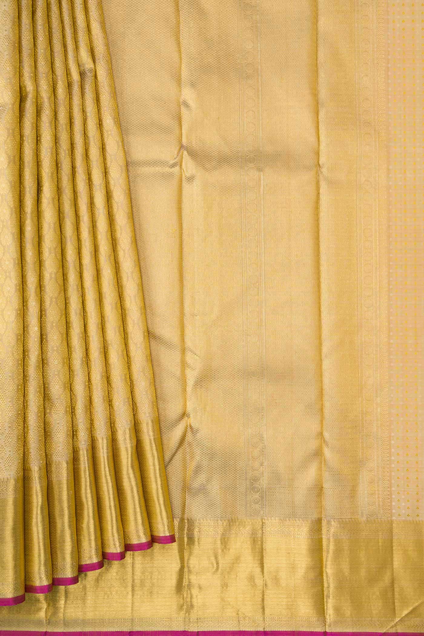 Pleats and pallu of Beige Dual Tone Kanchipuram Silk Saree with Zari Brocade on the body and Zari Border