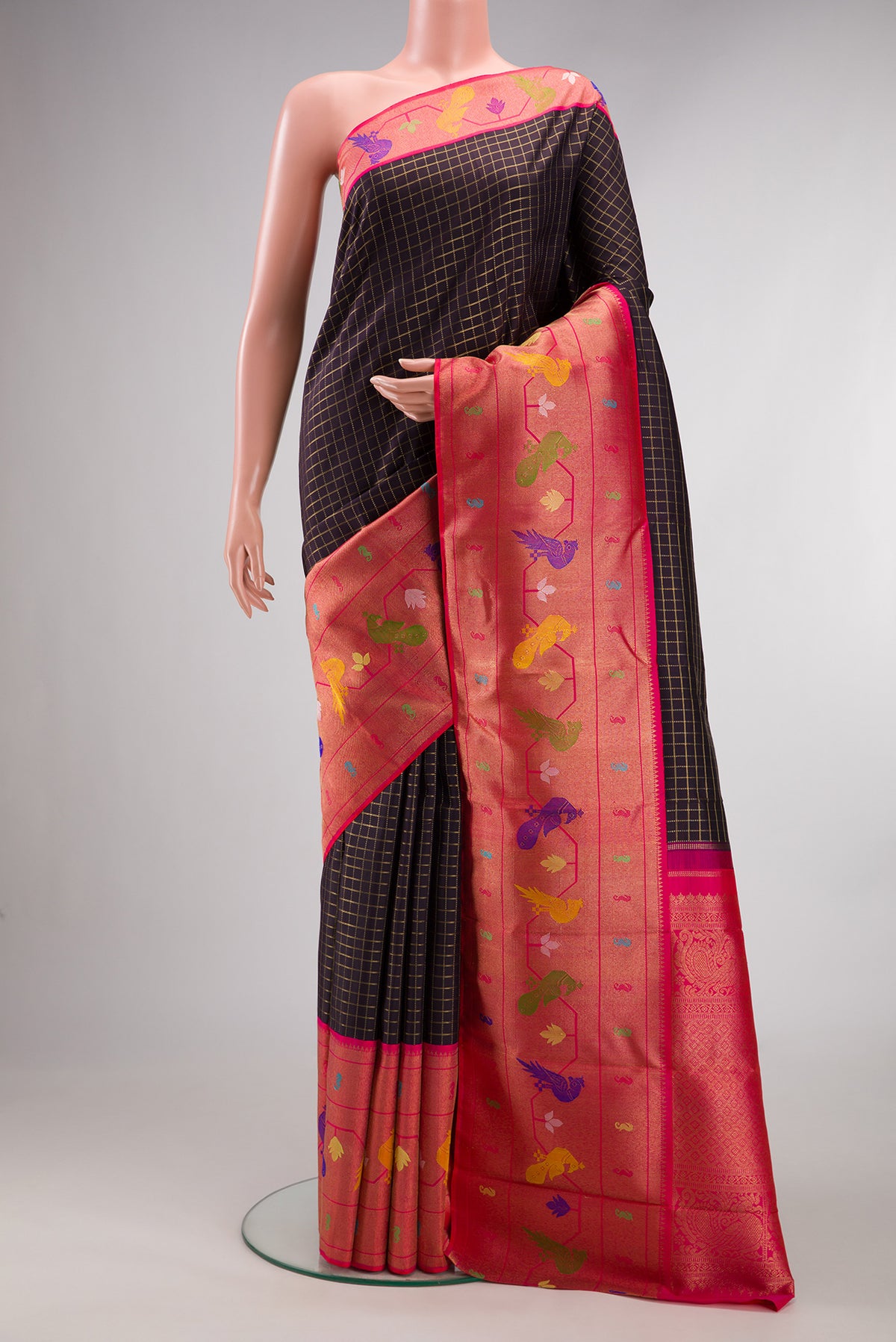 Pure Silk Pure Zari Coffee Brown Kanjivaram Saree with Checked design on the body and Paithani Border.  displayed on a mannequin
