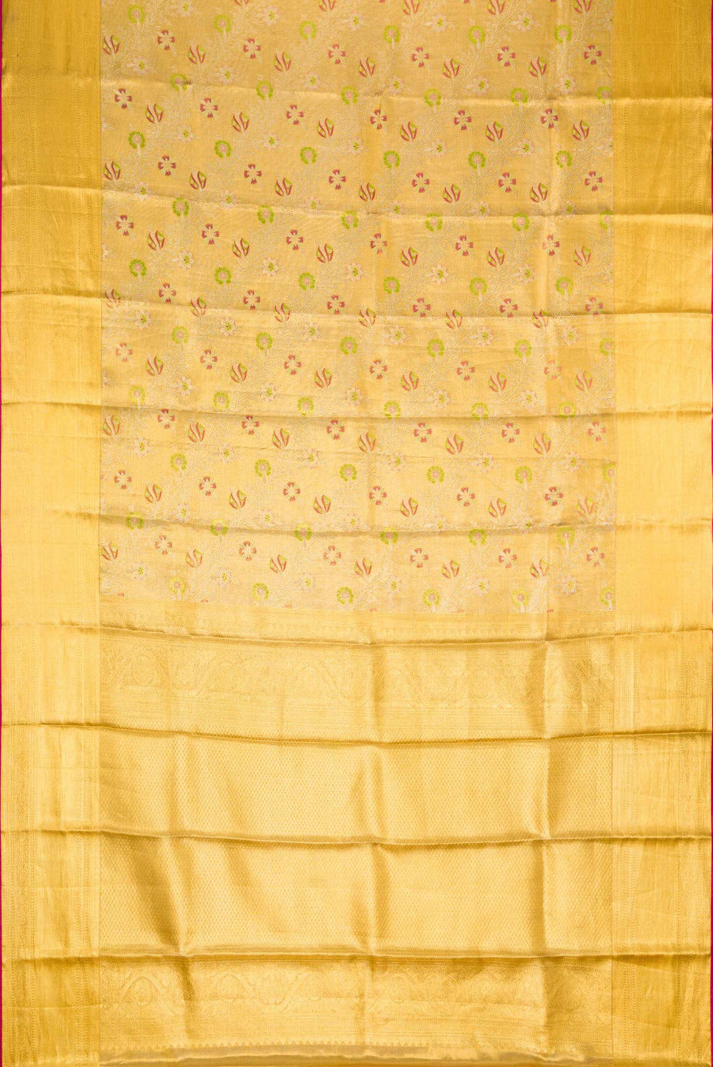 Flat view of Gold Dual Tone Kanjivaram Tissue Silk Saree with Zari Brocade on the body and Zari Border. 