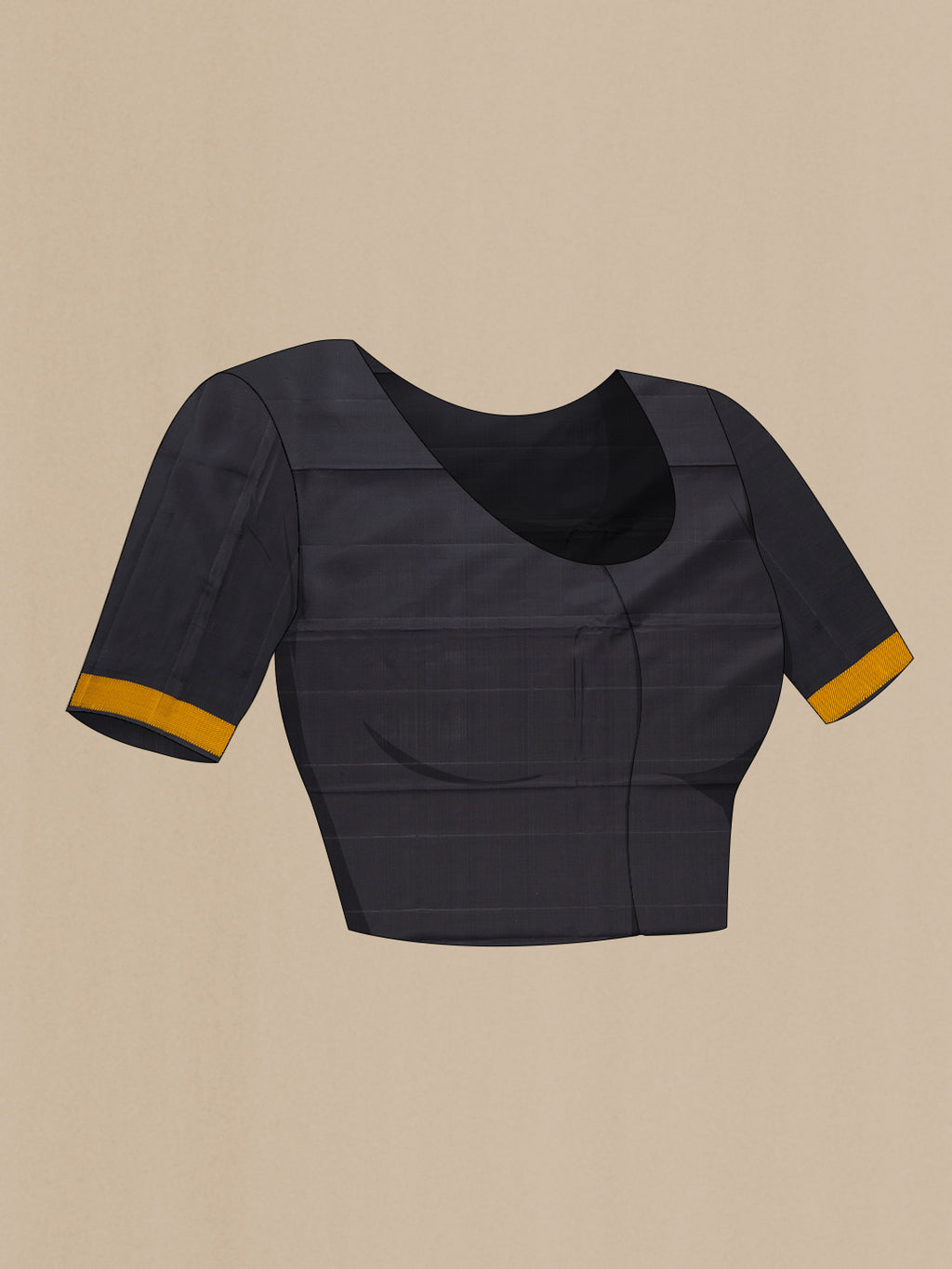 Close up image of the blouse of Black Kanjivaram Silk Saree with Plain Body and Thread Border. 