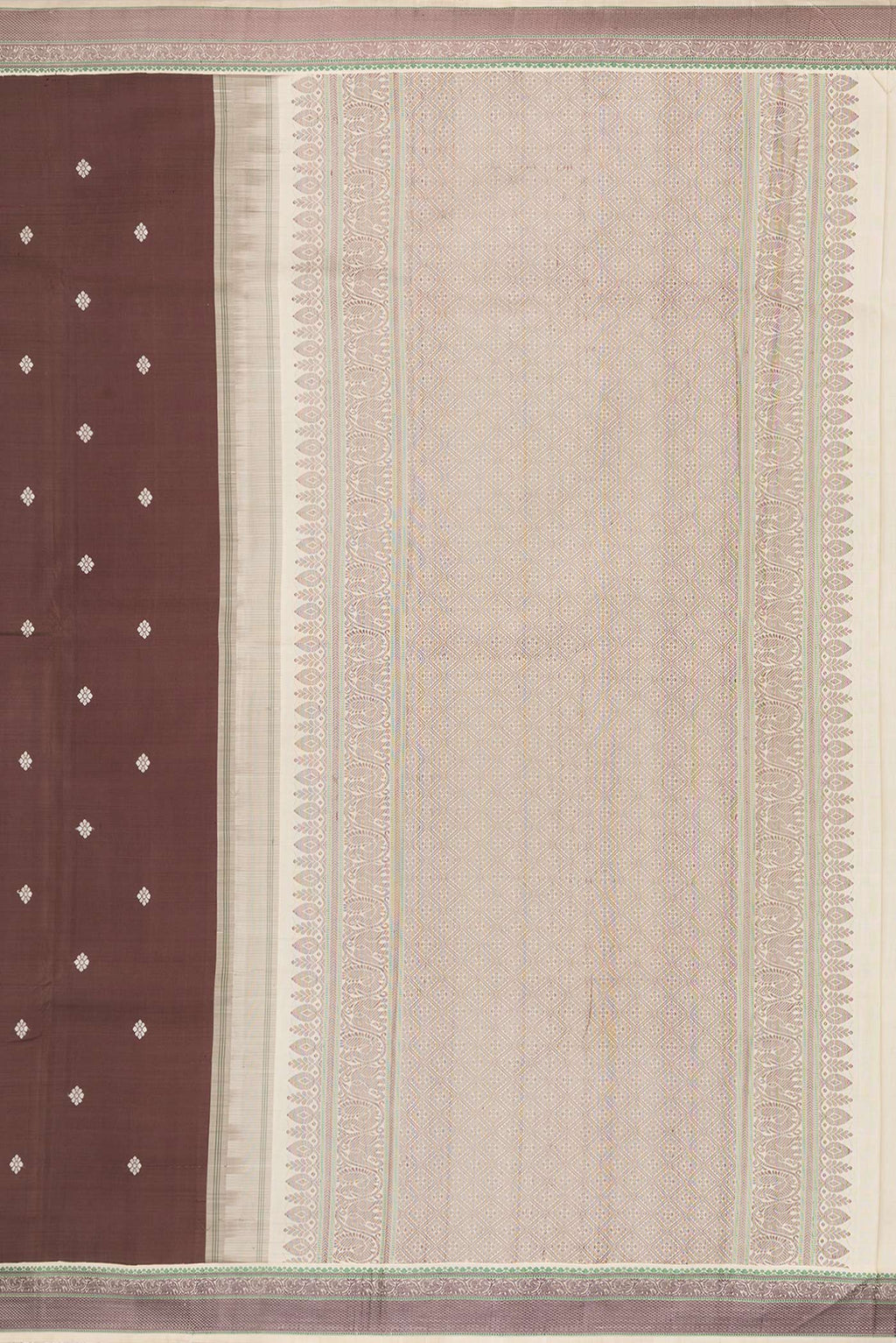 Close up image of the pallu of Pure Silk Brown Kanjivaram Saree with Thread Butta on the body and Thread Border. 