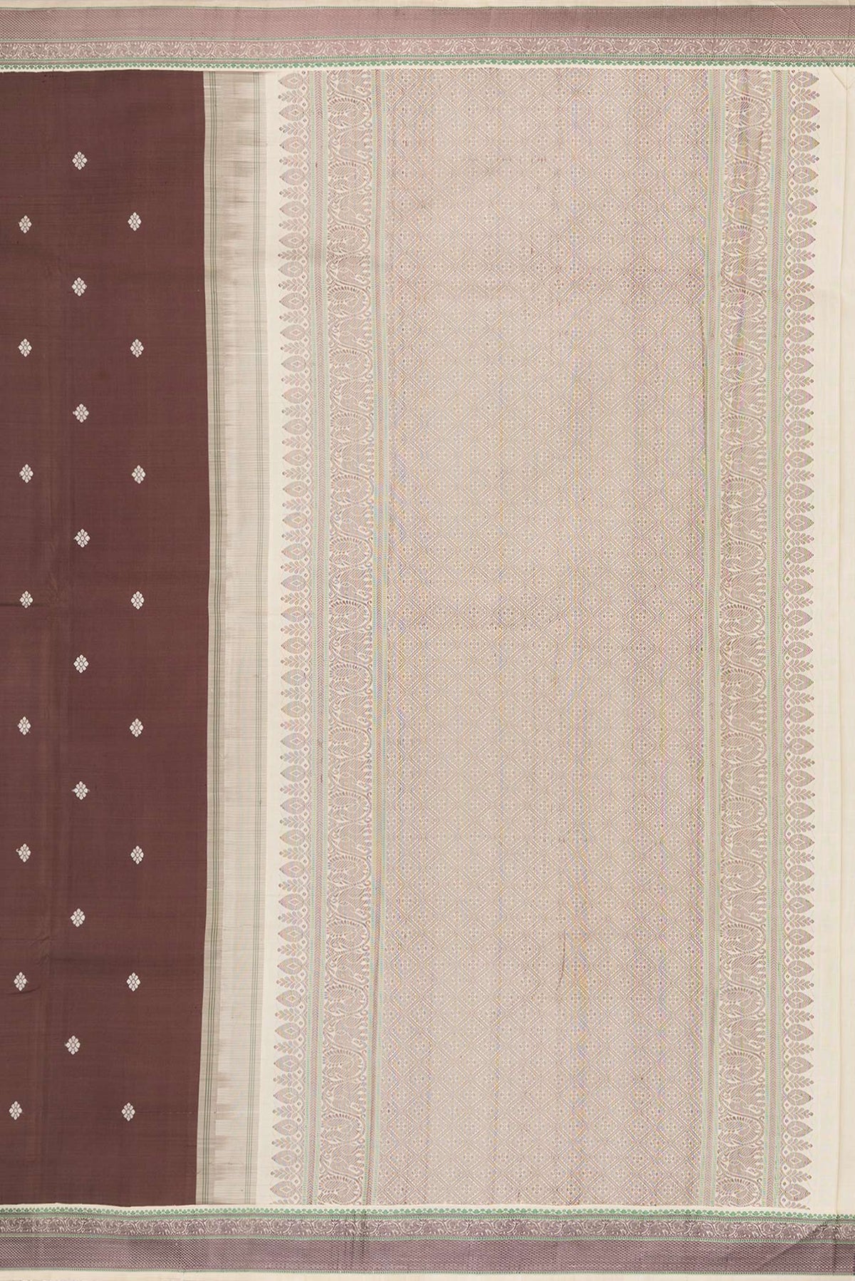 Close up image of the pallu of Pure Silk Brown Kanjivaram Saree with Thread Butta on the body and Thread Border. 