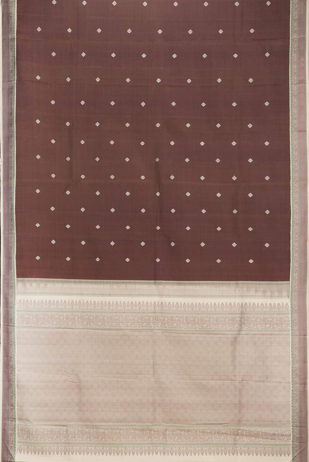 Flat view of Pure Silk Brown Kanjivaram Saree with Thread Butta on the body and Thread Border. 
