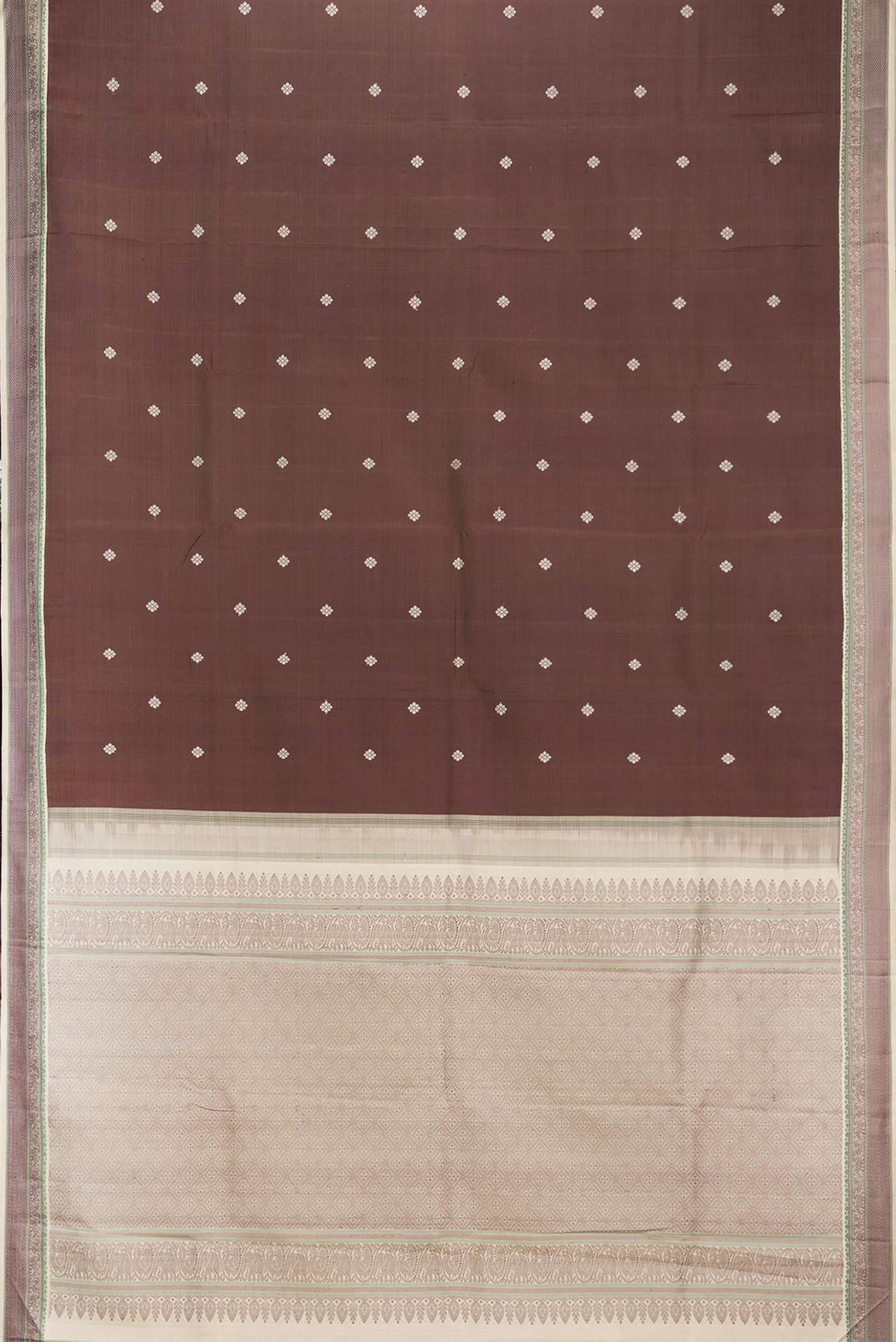 Flat view of Pure Silk Brown Kanjivaram Saree with Thread Butta on the body and Thread Border. 
