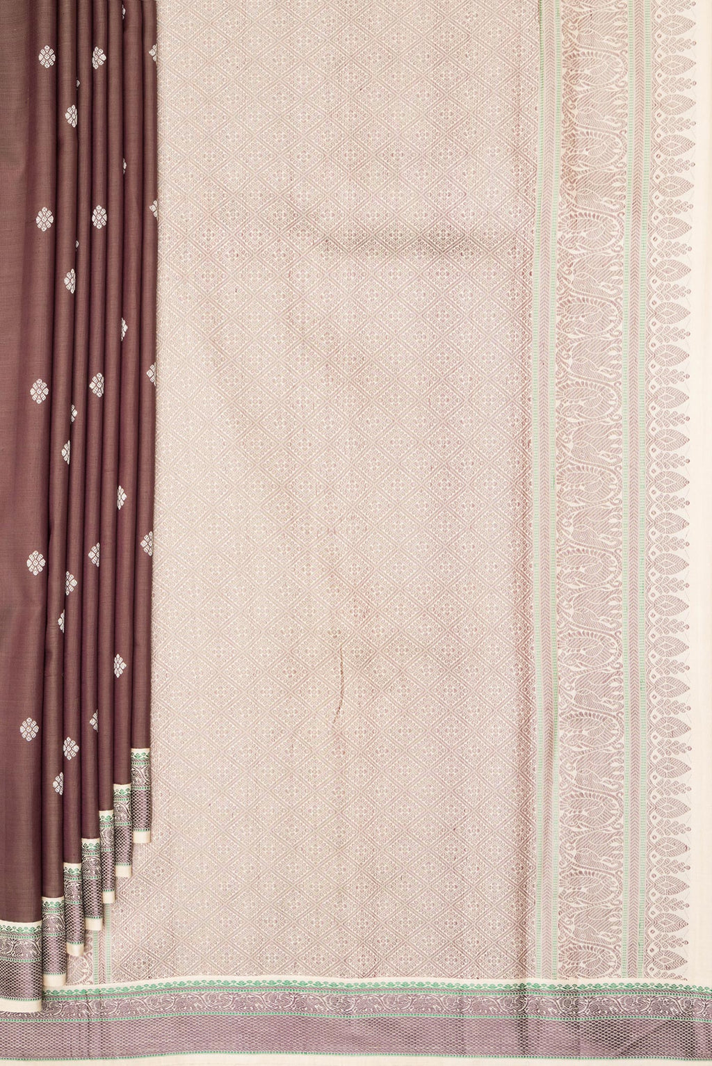 Pleats and pallu of Pure Silk Brown Kanjivaram Saree with Thread Butta on the body and Thread Border. 