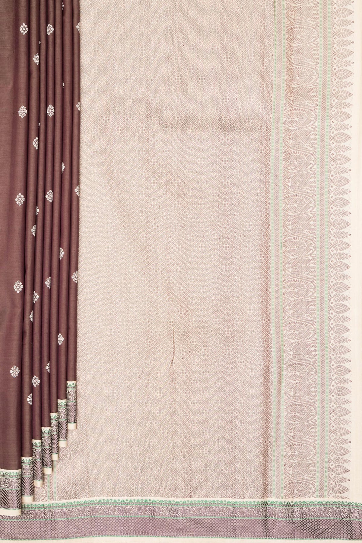 Pleats and pallu of Pure Silk Brown Kanjivaram Saree with Thread Butta on the body and Thread Border. 
