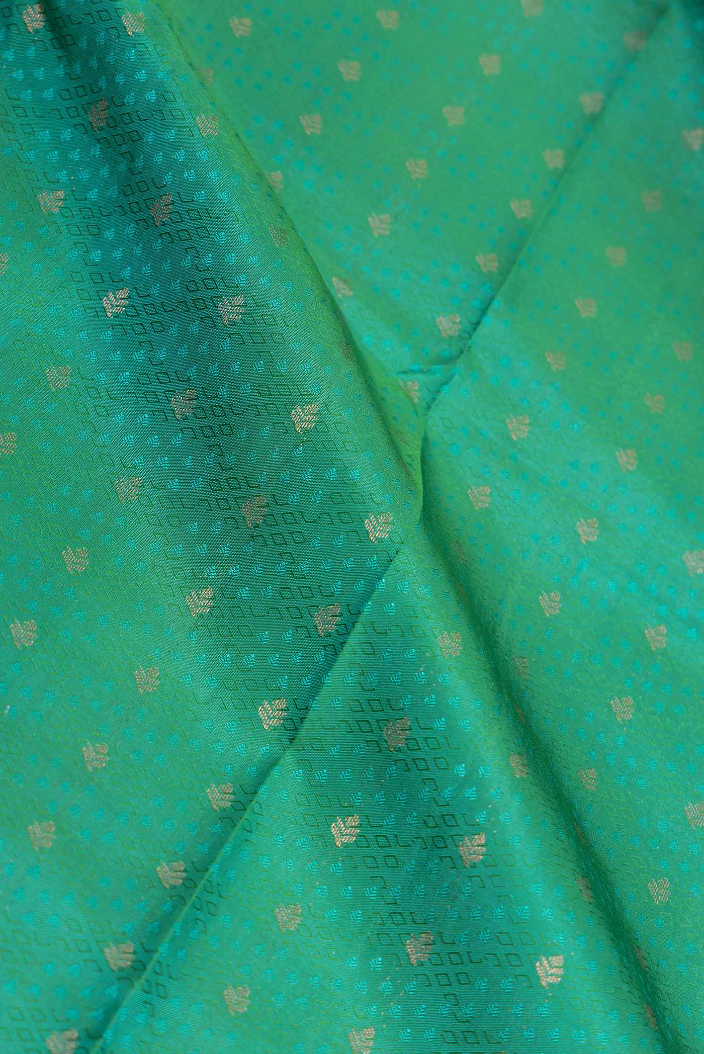 Close up of Green Dual Tone Kanchipuram Saree with Zari Butta on the body and Zari Border displaying folds