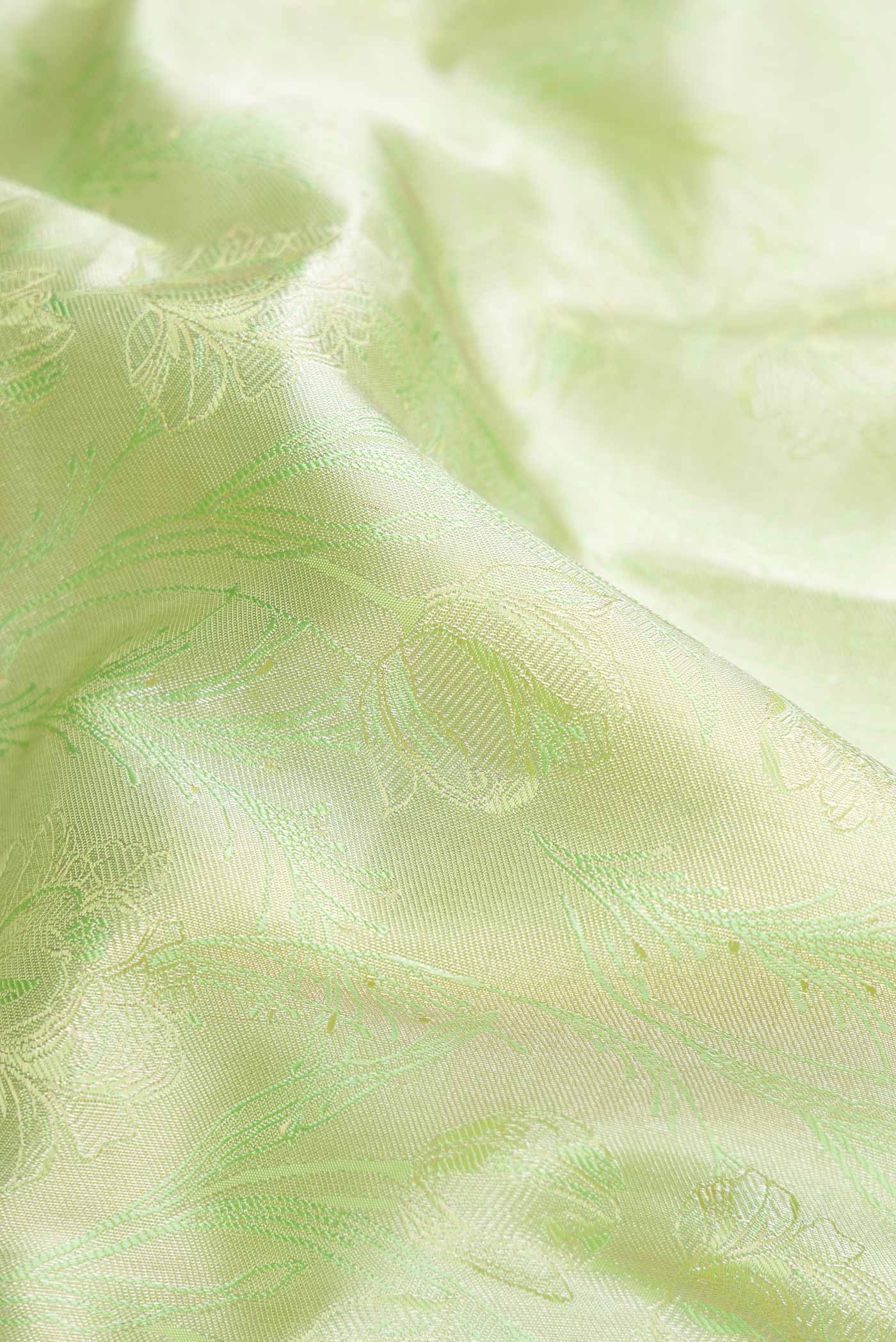 Close up of Pista Green Dual Tone Kanjivaram Silk Saree with Zari Brocade on the body and Zari Border.  displaying folds