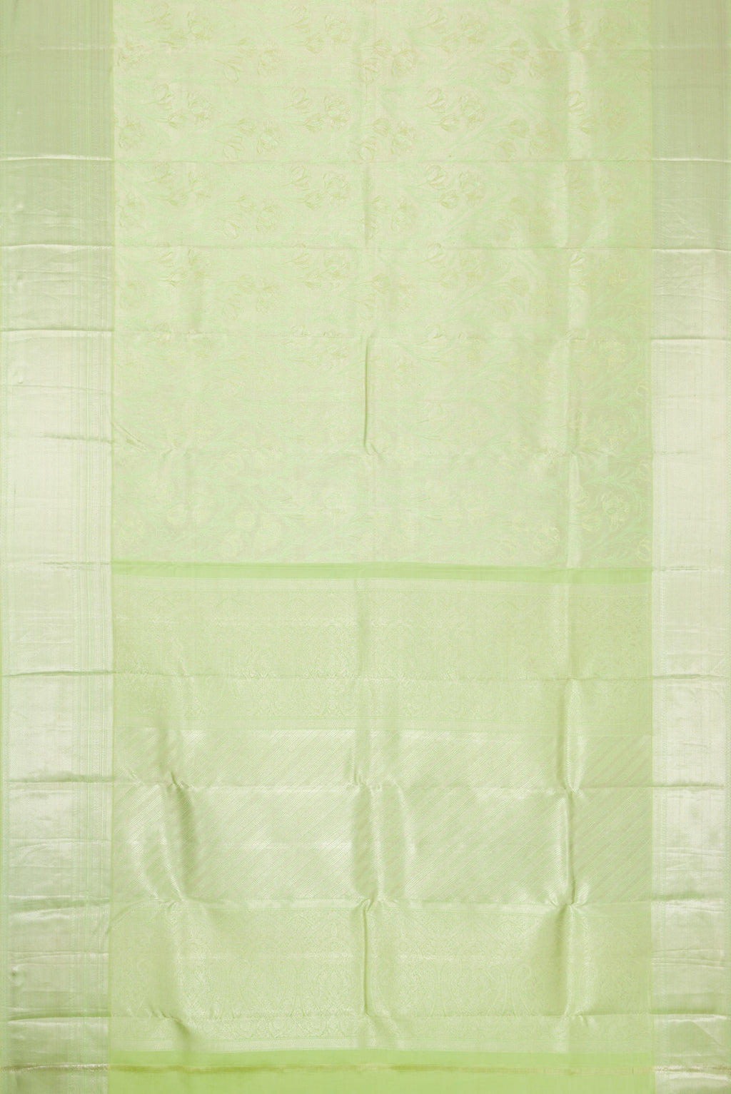 Flat view of Pista Green Dual Tone Kanjivaram Silk Saree with Zari Brocade on the body and Zari Border. 