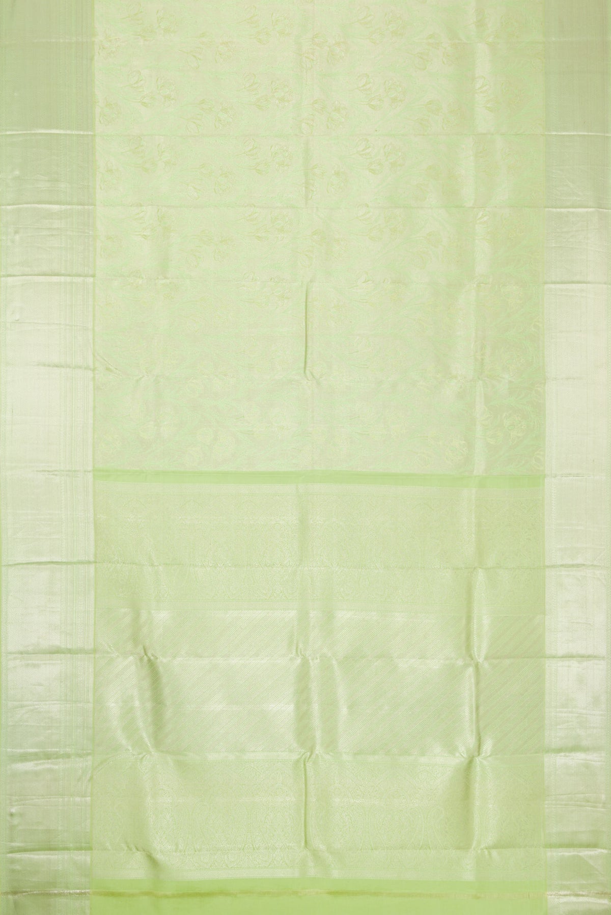 Flat view of Pista Green Dual Tone Kanjivaram Silk Saree with Zari Brocade on the body and Zari Border. 