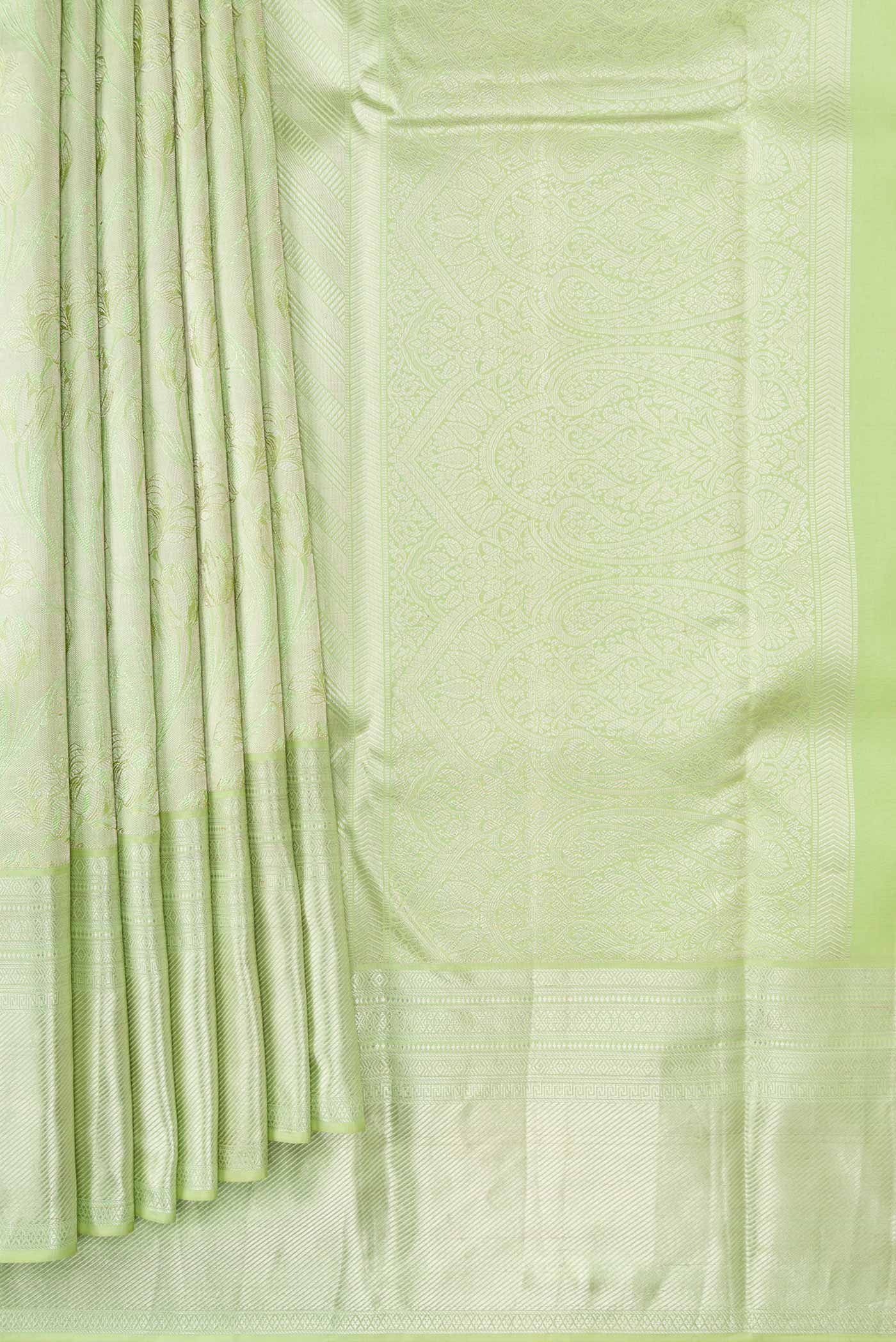 Pleats and pallu of Pista Green Dual Tone Kanjivaram Silk Saree with Zari Brocade on the body and Zari Border. 