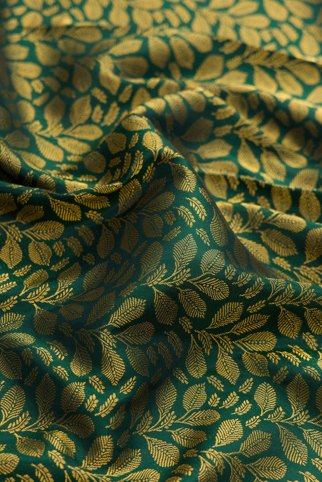 Close up of Green Dual Tone Kanjivaram Silk Saree with Zari Brocade on the body and Zari Border.  displaying folds