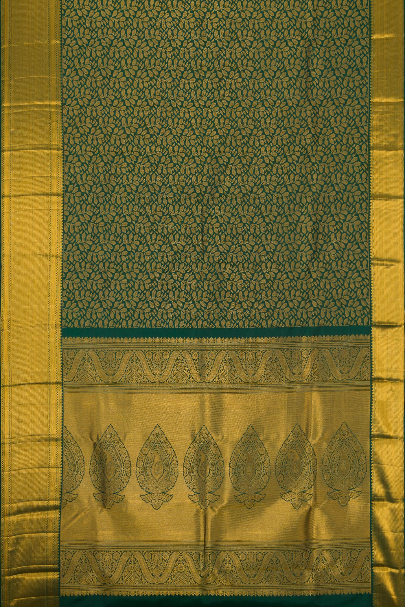 Flat view of Green Dual Tone Kanjivaram Silk Saree with Zari Brocade on the body and Zari Border. 