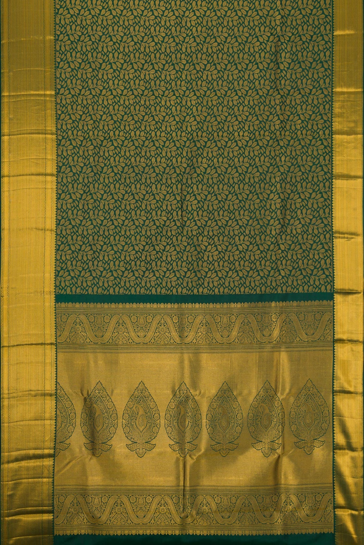 Flat view of Green Dual Tone Kanjivaram Silk Saree with Zari Brocade on the body and Zari Border. 