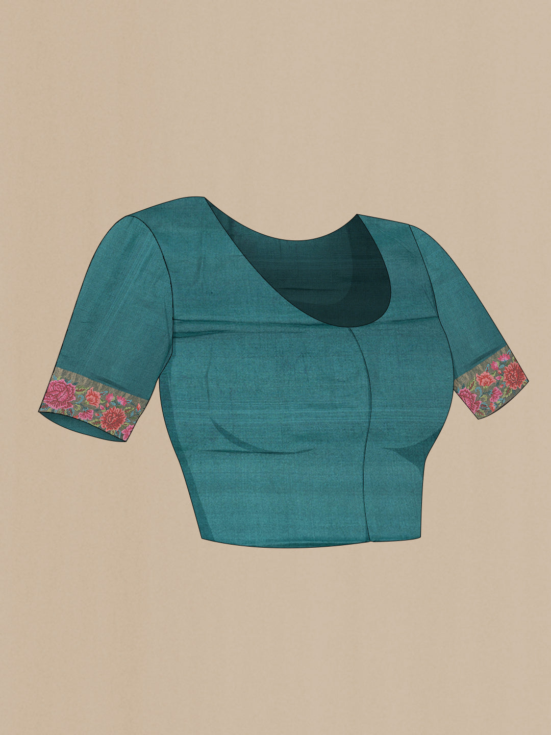 Close up image of the blouse of Peacock Blue Dual Tone Tussar Saree with Zari Butta on the body and Embroidery Border
